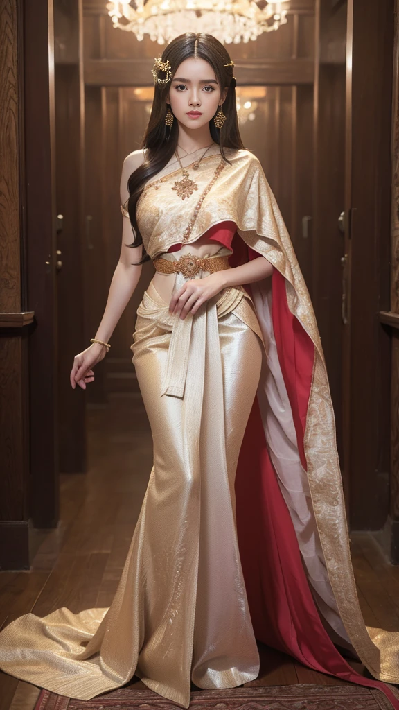 Detailed faces, Clear Face, beautiful girl, Asian makeup, Red lips, brunette hair, very long hair, Extra long hair, diadem, Medium body, Big breasts, super large breasts, Thai traditional costume, antique, sexy medium dress, Gold Dresses, HD, full body, afternoon Light, Thai temple Background, Show right shoulder, left shawl, Look straight ahead, random body orientation,