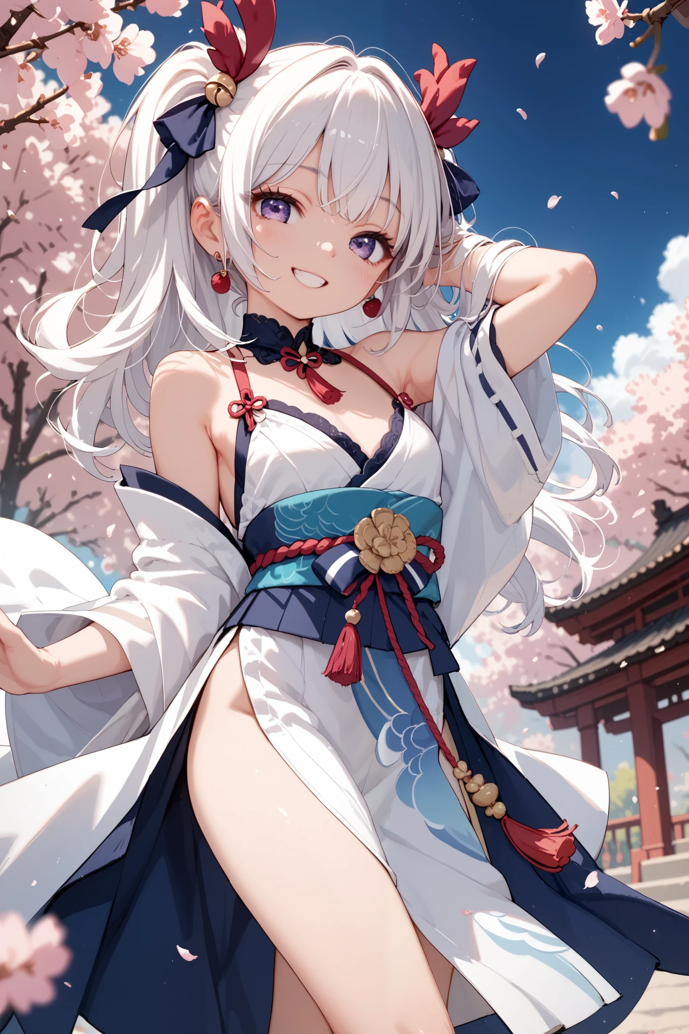 Kimono with fluttering chest、Cleavage、Thighs、17 years old、Holding a sword in one hand、Beautiful Girl Swordsman((E Cup、Long silver hair)、Cherry blossom background