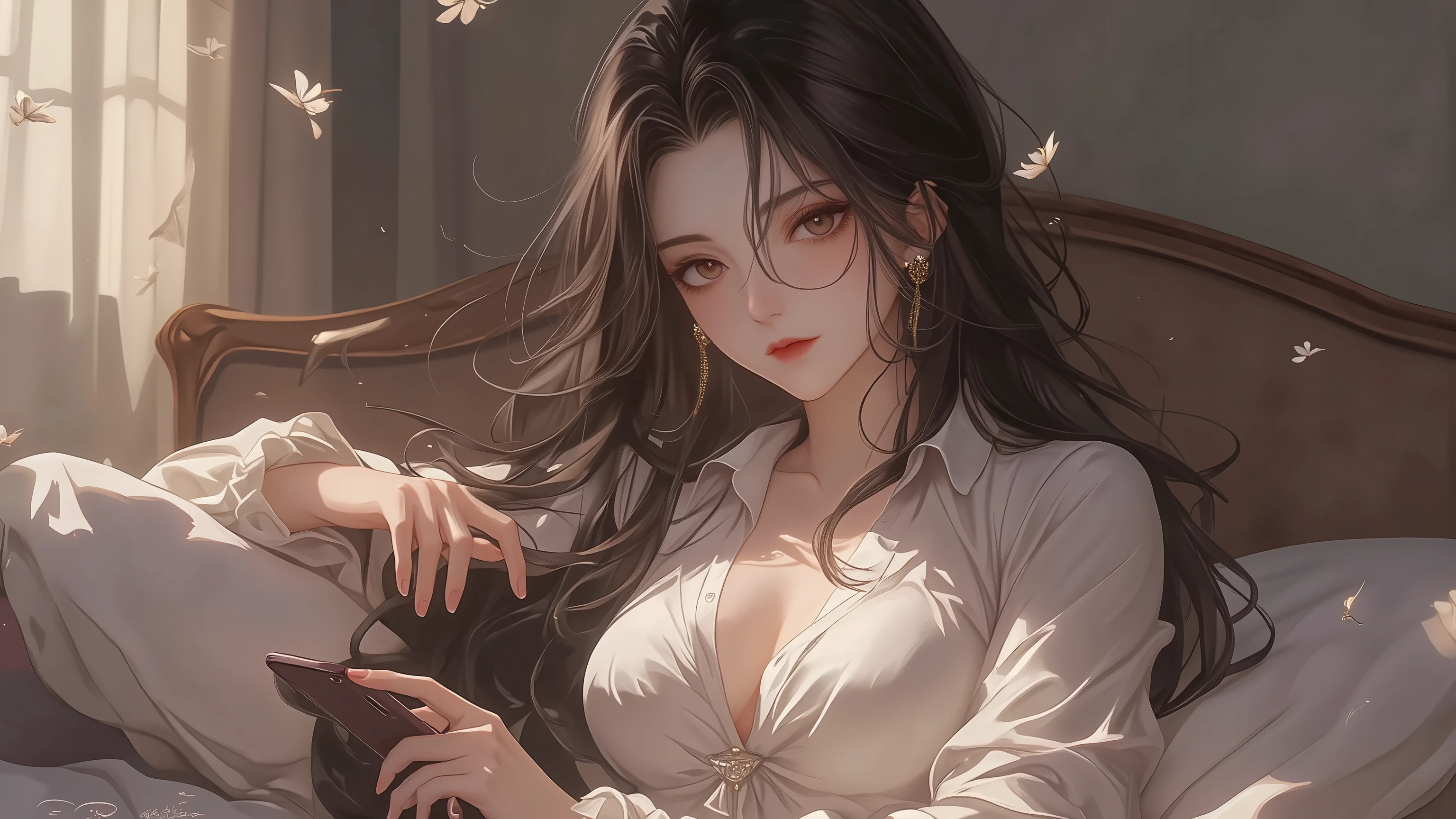((best quality)),( super high resolution ),(very well detailed),(Detailed Explanation),(( best CG )),(masterpiece),super detailed art,Amazing Painting Art,(Art with Delicate Details:1.5), female, beautiful and well-groomed face, wavy hair, Big Breasts, loose shirt, Early afternoon room