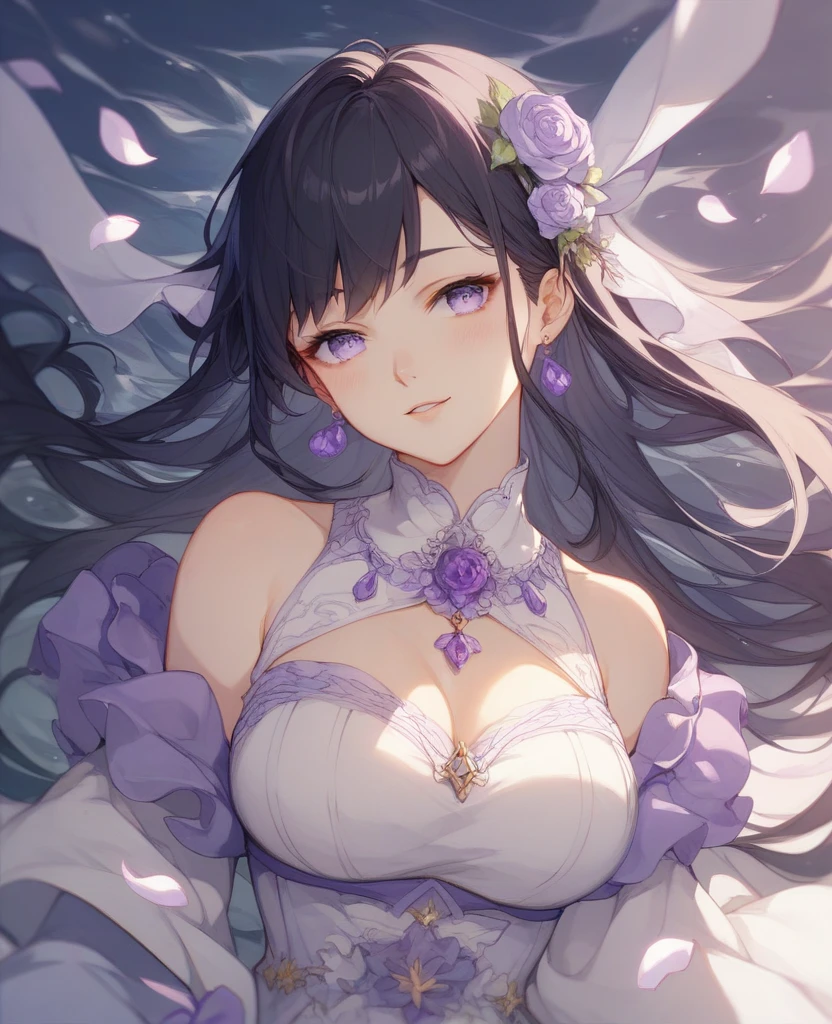 bronya zaychik (silverwing n-ex), ((masterpiece)), (((best quality))),((beautiful detailed eyes)),(eyelash),(1 girl),Shiny skin,oil,(bird body,feather), extremely detailed CG unity 8k wallpaper,close face,red nose,blush,Background of Love, flower petals, exotic dress