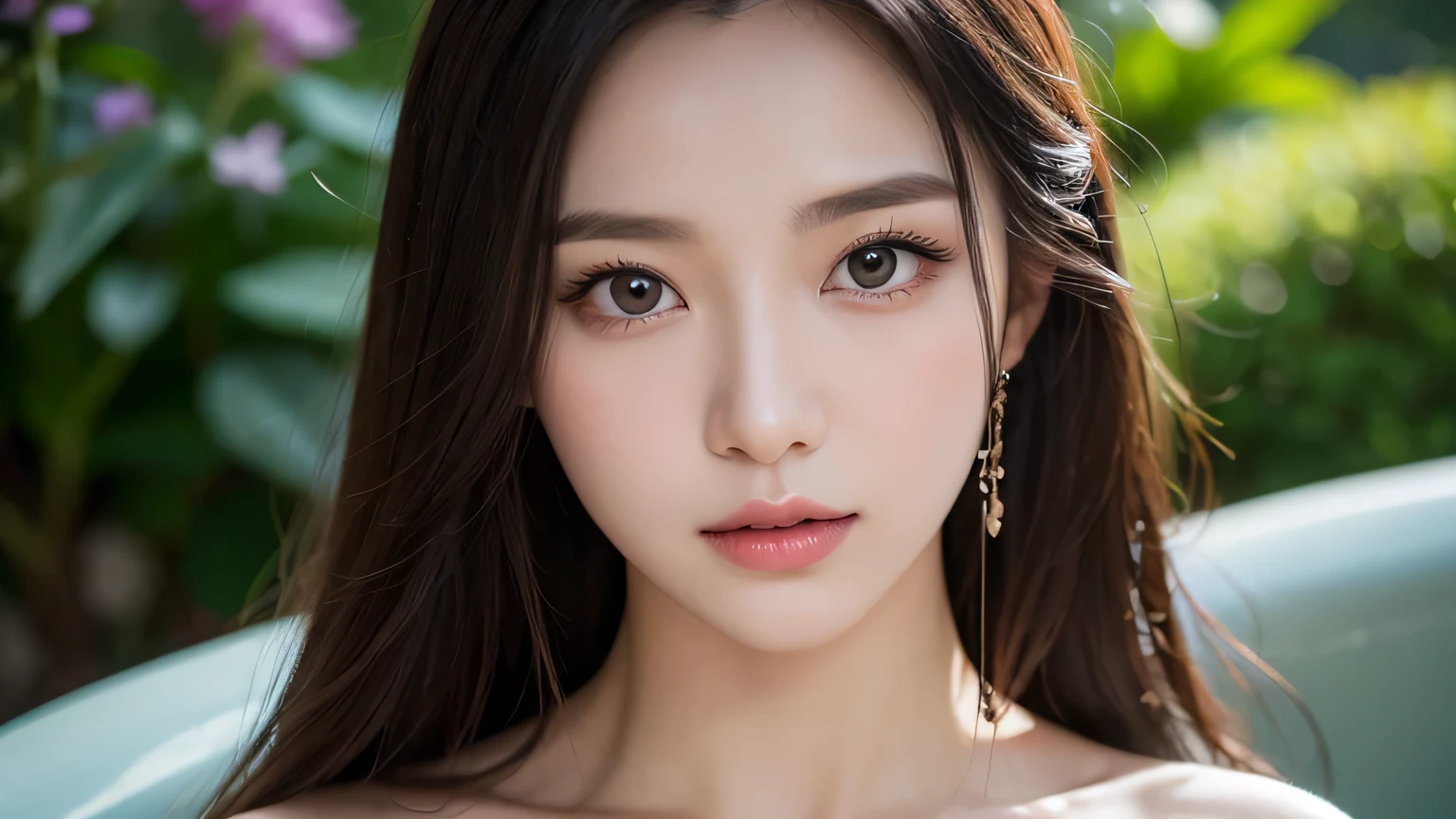 Very realistic, cinematic, realistic, high resolution, 1 woman, Korean beauty, waist down long straight hair, big eyes, white jade skin, small lips, small face, huge chest, healthy and sexy body, fluid, anatomically accurate, perfect detail, rainbow. Background cloud garden, natural light, high detail, looking at the viewer, 4k