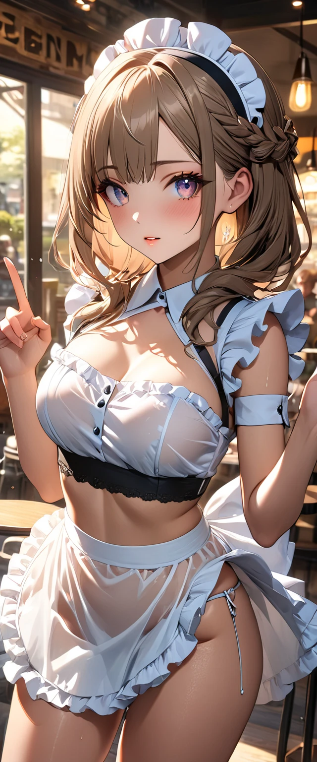 blur the background、armpit、A girl wearing a maid costume is smiling cutely at me in the garden.、Sparkly air、dancing petals、dazzling light at sunset、hair、Mesh Color、(Cleavage)、Blushing with embarrassment、Tears in one's eyes、
