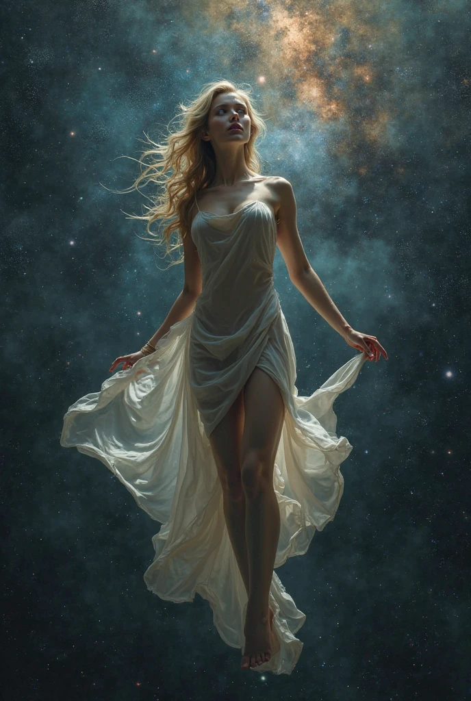 Sexy beautifull woman, 5, floating in outer space, nebulas, stars, sparks, dazzling, small breast ,happy , mouth length blond curly hair, 2/3 front view