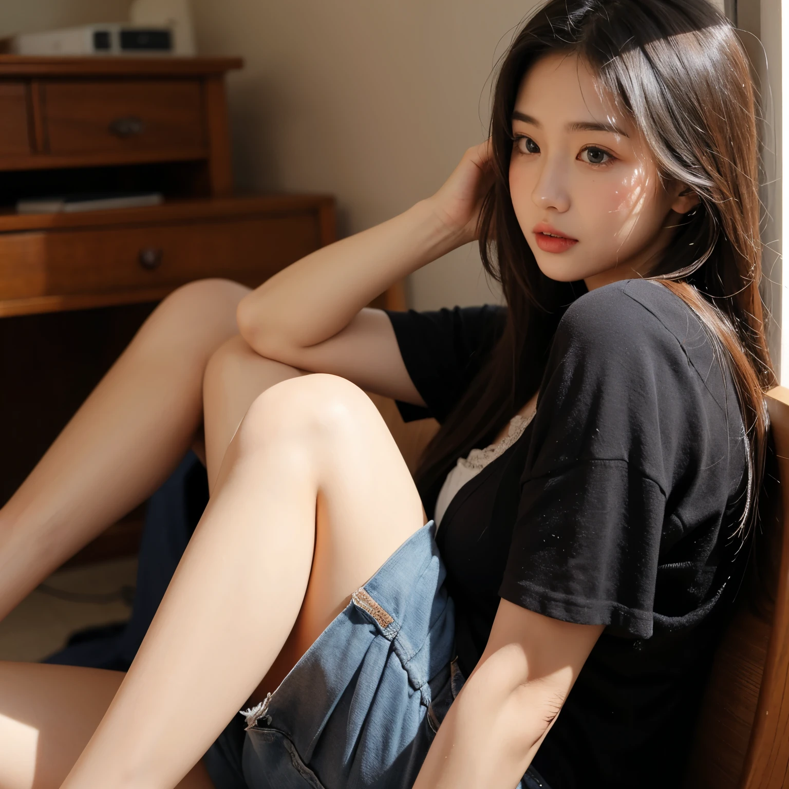 1girll,Sit on a comfortable sofa,Cross ed leg,Soft light,Square round face,Long black hair