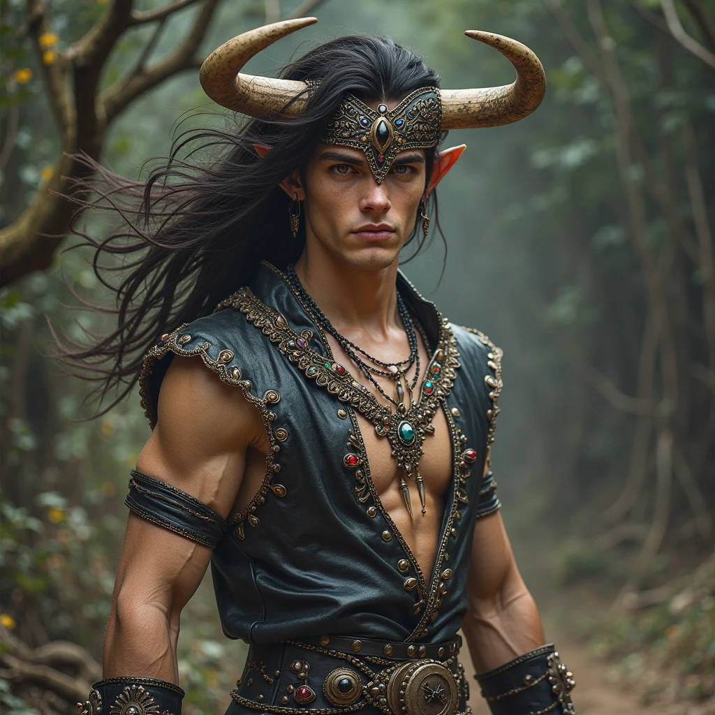 Satyr, shirtless, black hair, green eyes, Greek warrior, shirtless, Greek mythology, ager, forest, hunter. free. with slightly large horns.