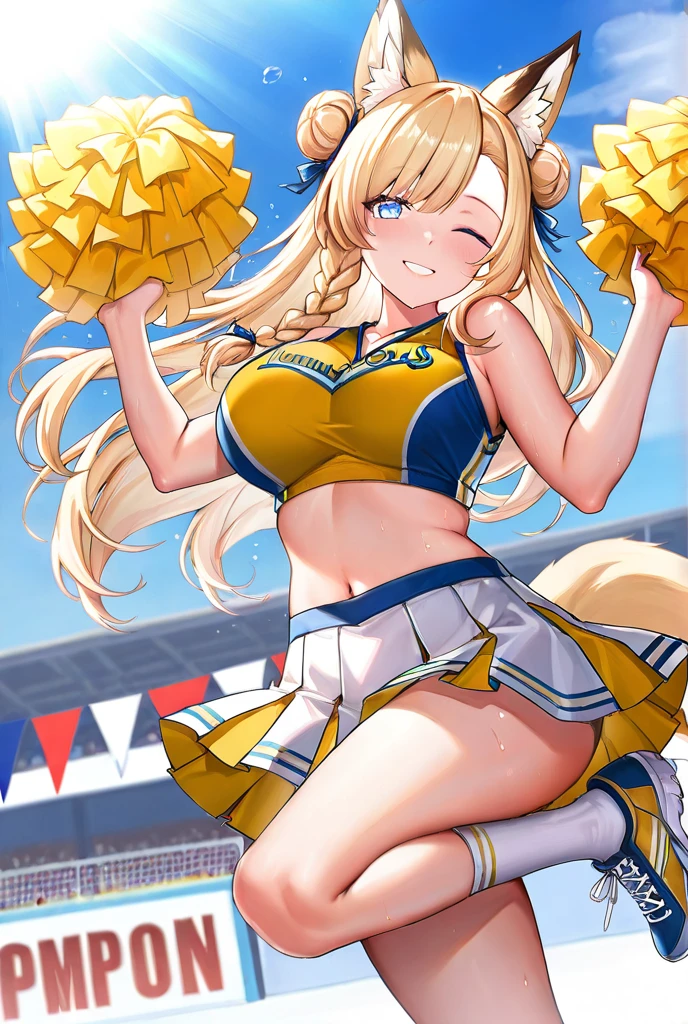 score_9, score_8_up, score_7_up, source_anime BREAK pinup of 1girl, jgskrk, , long hair, blonde hair, frilled white maid headdress, two side up, bangs, green eyes, blush, closed mouth, smile, sweat, shiny skin, cheerleader, sleeveless, crop top, crop top overhang, red shirt, skirt, miniskirt, pleated skirt, red skirt, pom pom \(cheerleading\), armpits, underboob, outdoors, blue sky, confetti, from below, cheering, arm up, leg up, looking down, looking at viewer, upskirt, pantyshot, underwear, panties, crotch seam