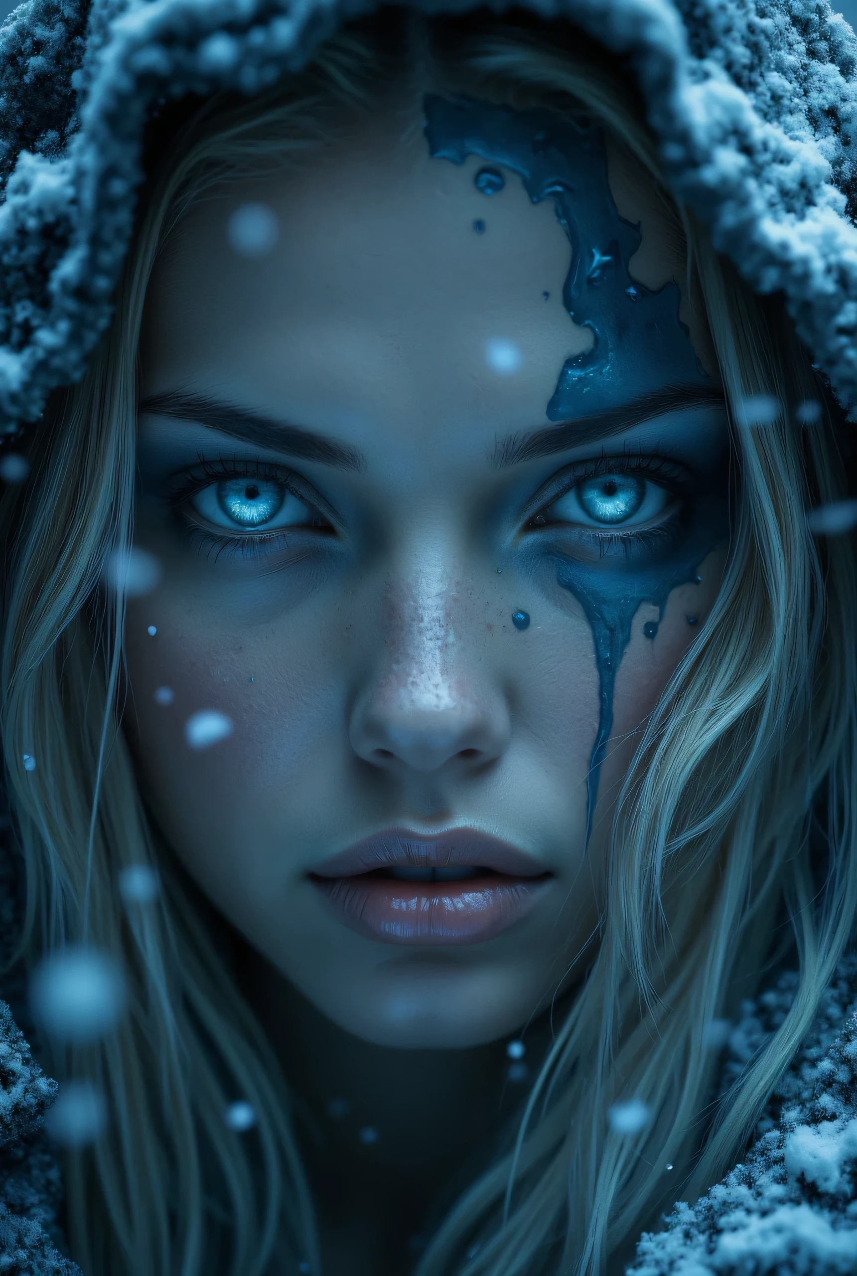 A half extreme close-up photo, {stunning blondewoman} dominates the frame, the features illuminated by a cold, blue light that gives the skin an icy hue. Snowflakes gently fall around, adding to the wintry dark atmosphere. The eyes are strikingly blue ice dark purple reflecting the night king figure, piercing through the frosty air with an intense gaze. dusted with snow, emphasizing the harshness of the environment. The left side of the face is covered by a dark shadow. The overall composition conveys a sense of impending danger and the relentless advance of winter.