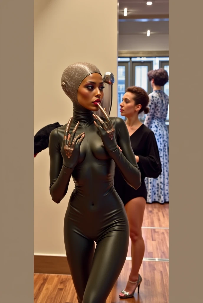 realistic oil painting of a black female android sitting in a bathroom mirror. she has a cat staring at her. detailed octane render