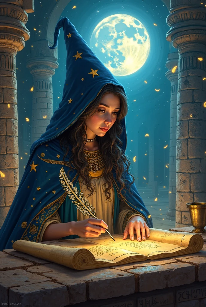 watercolor painting, (moonlit), 1 girl, full body portrait of a stunningly beautiful ( young teen elf girl : 1.5 ), wearing ((an intricate mage armor)), with black hood and cloak, stern look, holding a staff, (detailed face), ((deep cleavage)) , (view from_sides ) , wavy hair, ornate, reading a book in an elven library, by artist christophe young and by artist ilya kuvshinov
