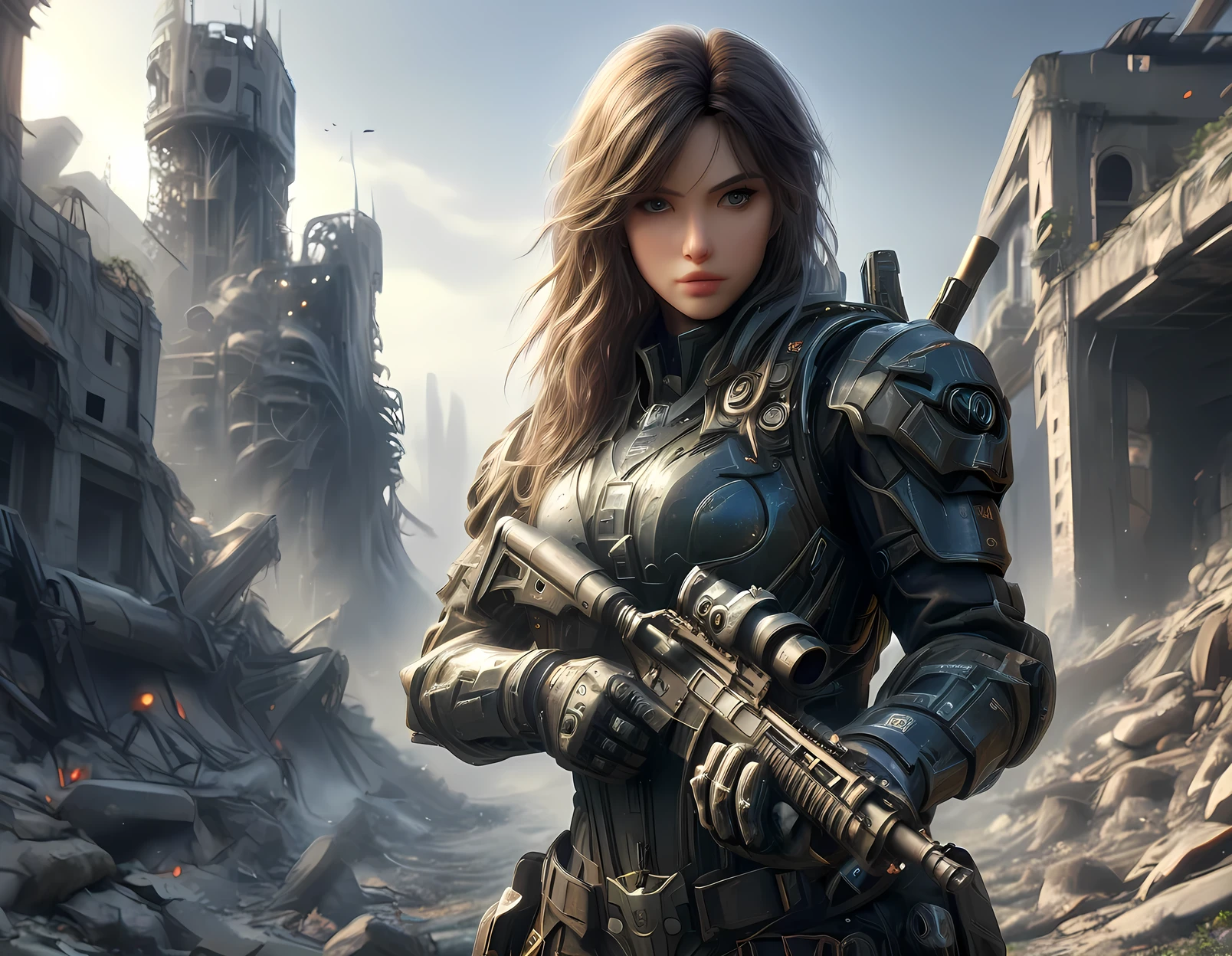 ((best quality)), ((masterpiece)), accurate, high details, Weaponized gloves, mechanical armor, heavy cavalry, science fiction movies, urban warfare, female soldier, major, Hide behind rubble, aim at enemy soldiers. Remove helmet, Shake her sweaty hair