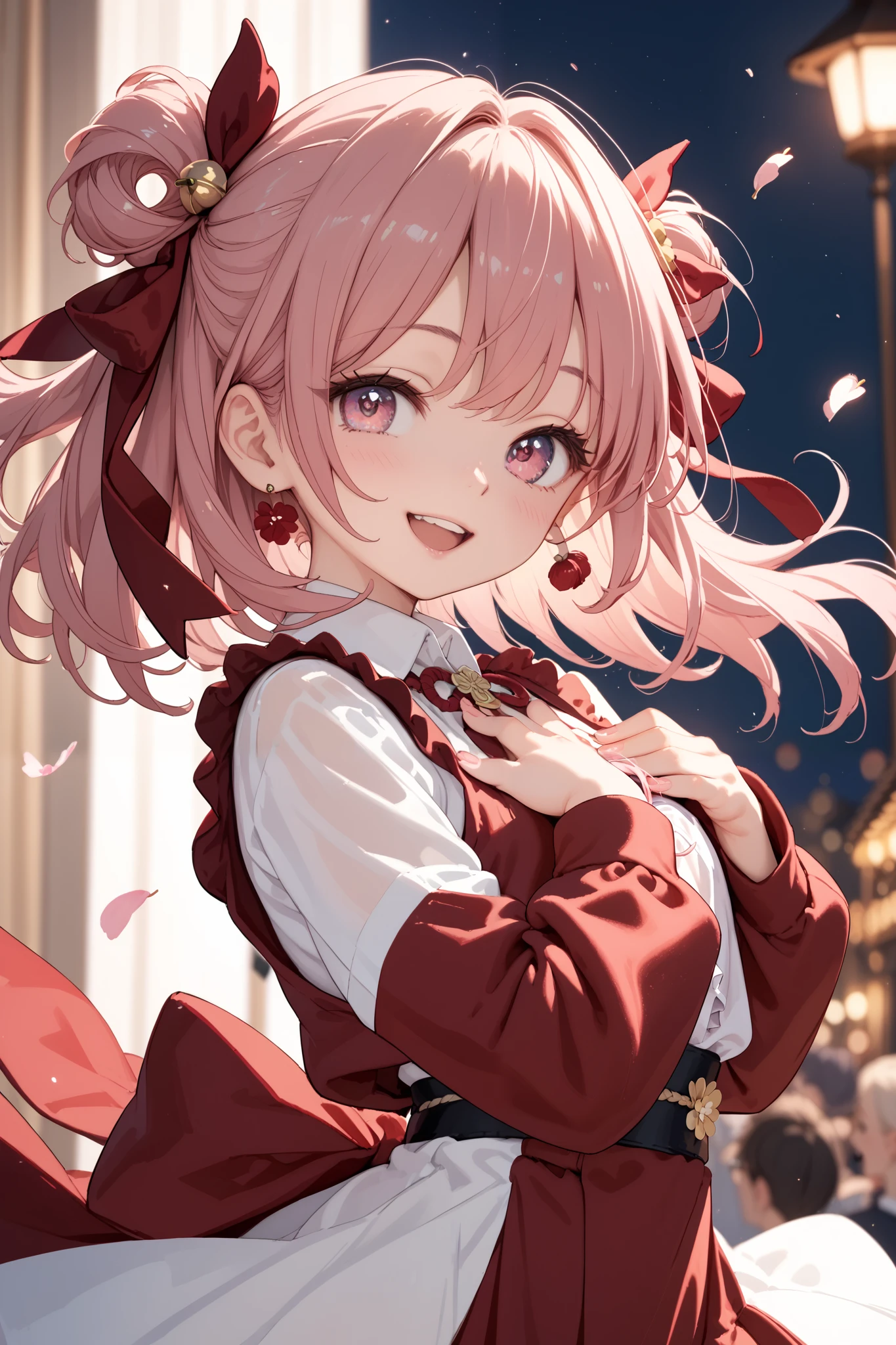 pink hair,pink eyes,red miko,moonlight,light smile,(((((((cherry blossom storm)))))),open eyes,dancing,singing,hands on own chest,Happy,woman