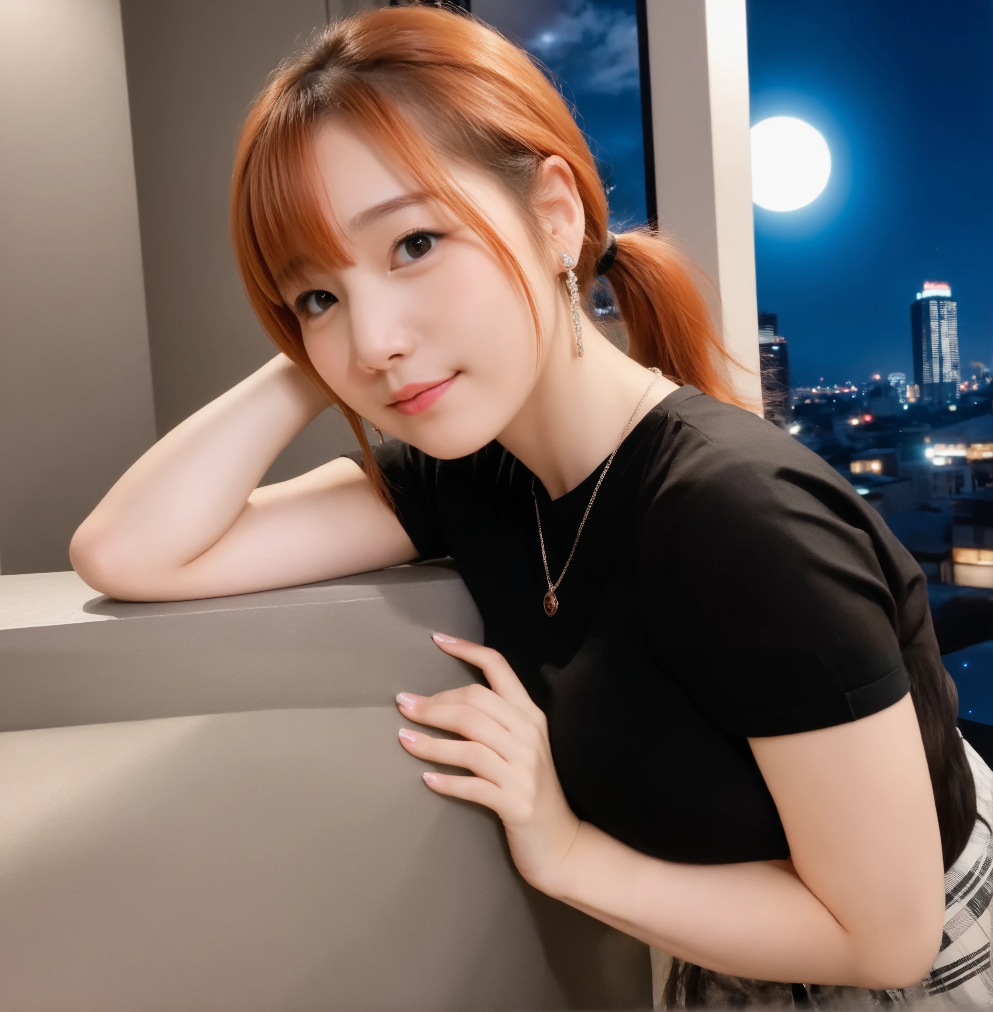 mix 4,(8k, RAW photo, best quality, master:1.2), (realistic, photo-realistic:1.37),1 girl,cute,cityscape of Shumigaoka, Night , full moon, clear night sky Professional lighting,photon mapping,radiosity,physics-based rendering ,orange hair 1:3 Japanese beauty 18 years old short ponytail big breasts, big 1:2, cute and big eyes,high nose small mouth long eyelashes double eyelids Natural Makeup pink lipstick , thin body shapes black blouse plaid mini skirt earrings,necklace Touching your hair