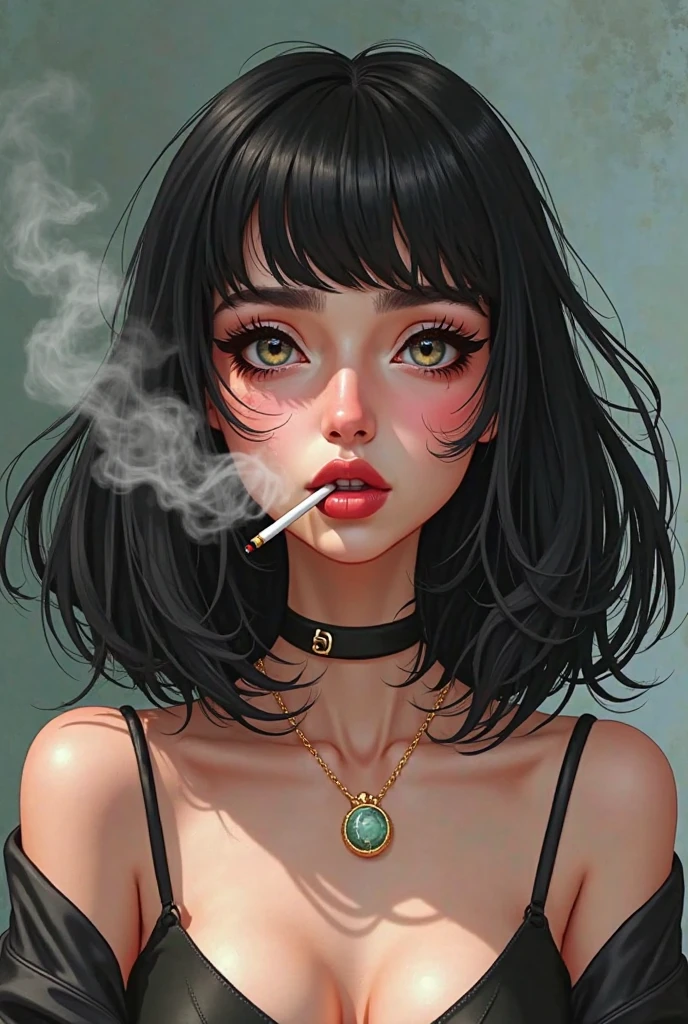 Short hair, eyebrow-length bangs, clothing style: black jacket, pearl necklace with another pearl necklace interspersed with smileys. pearl earring. 
tennis nike, cigarette in hand.
Casual and smiling Straight hair Redhead fringe Brown woman Strong features Full mouth 
