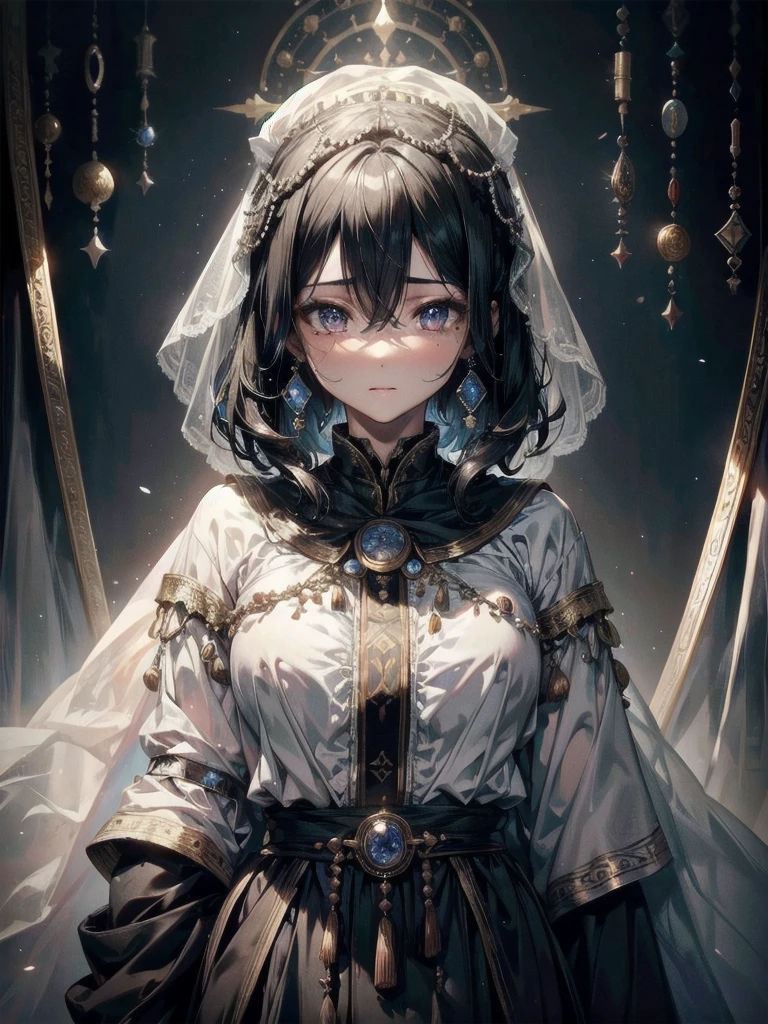 whole body, fortune teller robes, girl in gipsy tent, skirt, face veil, robe, cloak, absurdres, RAW photo, extremely delicate and beautiful, masterpiece, Best Quality, ultra high resolution, 32k, hyperrealistic, ultra-detailed, perfect figure, perfect shape, detailed v, pale skin, 20 years old, detailed beautiful face and eyes, tearful mole, earring, short medium hair, wavy hair, black hair,