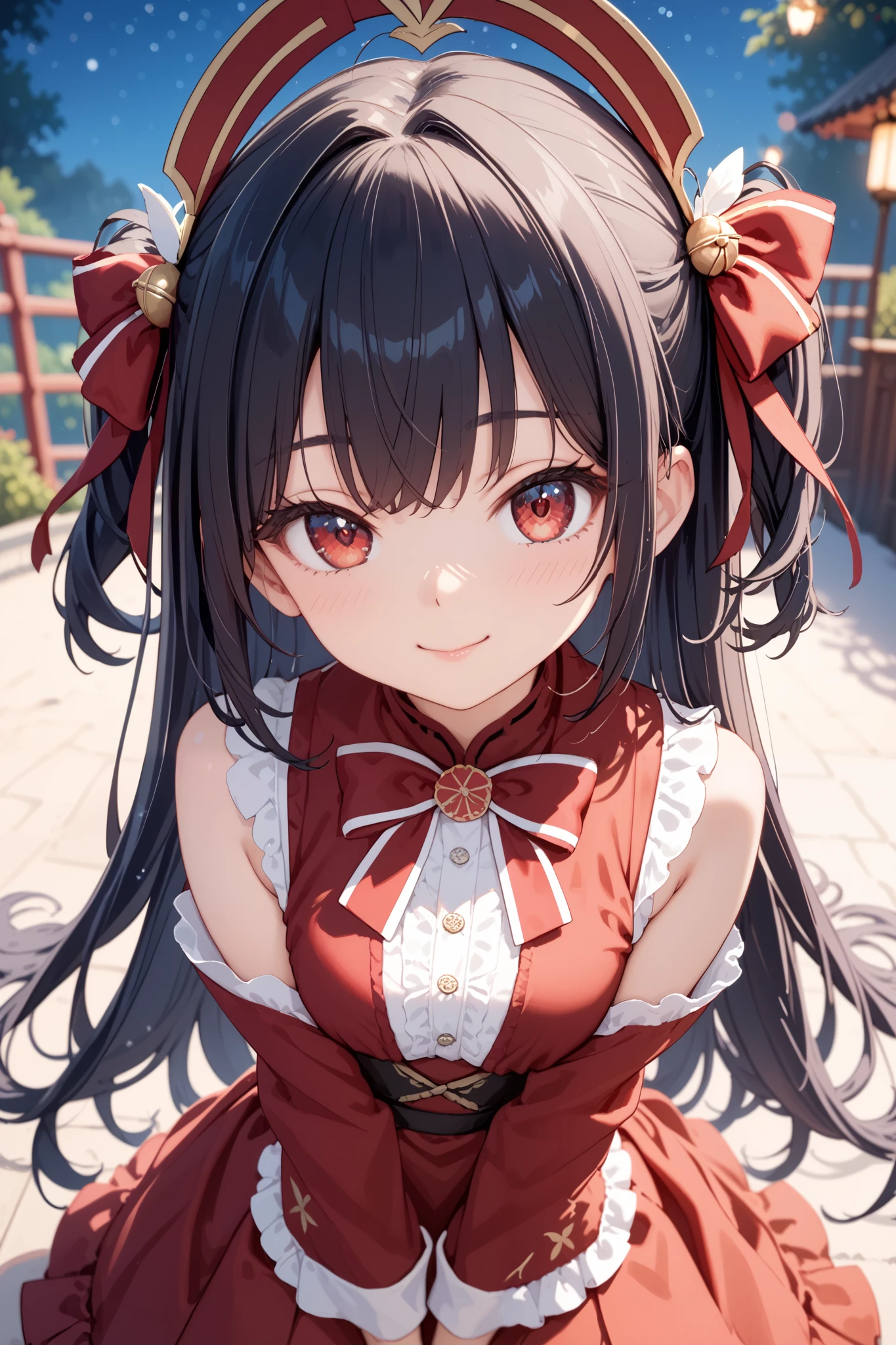 black hair,starry sky hair,red eyes,,red miko,((((moonlight)))),(((((((cherry blossom storm)))))),open eyes,(((((((very long hair))))))),Happy,woman,(((((((from above))))))),stand,(((straight hair))),hands on own stomach,closed mouth,face,face focus