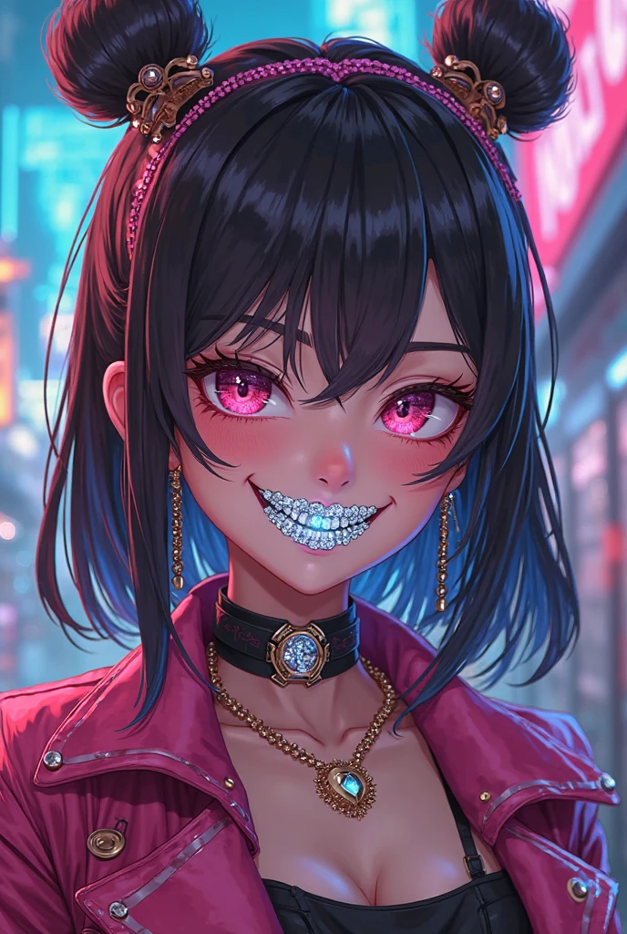 a masterpiece cyberpunk girl in a futuristic city, ((neon light:1.3)), professional lighting, colorful, ultra detailed, ribcage, demonic smile, skull, anime style, long black coat, ??????????, fire