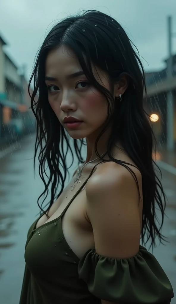（Realisticな, photo-Realisticな:1.37),(8k, RAW Photos, Highest quality, masterpiece:1.2),  Ultra-detailed, 超High resolution, Kodak Vision Color, Filmed with an Arricam LT camera,Highest quality, Lively, 8k, High resolution, 1 female, 日Book人、Escape, (Professional Lighting), (Portraiture:0.6), Black Hair, (Medium Hair）,22 years old、(masterpiece), (Very complicated:1.3), (Realistic), ((Upper Body, compensate:1.3, Upper Bodyは裸、Upper Bodyのクローズアップ、Above the navel、In a downpour、heavy rain、Concealed Weapon、With a weapon in hand、Get ready to fight、There are water droplets on the body、storm、The wind is blowing、Nipples are visible、Hair fluttering in the wind、Serious look、Black underwear,Gym sitting on the ground、Feeling defeated、  The rooftop of a dilapidated building、Arms２Book、in the middle of a fight、Abandoned Building、Outdoor, ((Cyberpunk Street)), Professional photos, Sharp focus, dramatic,  Cinema Lighting, Volumetrics dtx, (Film Grain, Blurred Background, Blurred foreground, Bokeh, Depth of written boundary), 8k
