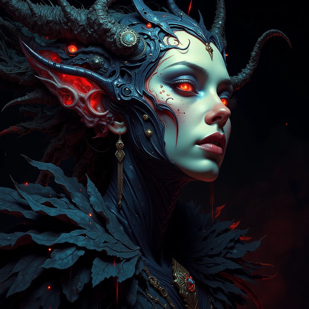 color contrast, hyperrealistic poses, cinematographic photography , detailed, best quality , High resolution , intricate details, vivid colors , detailed Style Photography Hyperrealism oil painting portrait of a creepy yet beautiful mystical female creature , ((( beautiful mystical female creature ))) perfection of style , vivid colors , colorful, dark background, aidmaMJ6.1, FNTSypstlce estilo , Nova arte digital fantasycore,