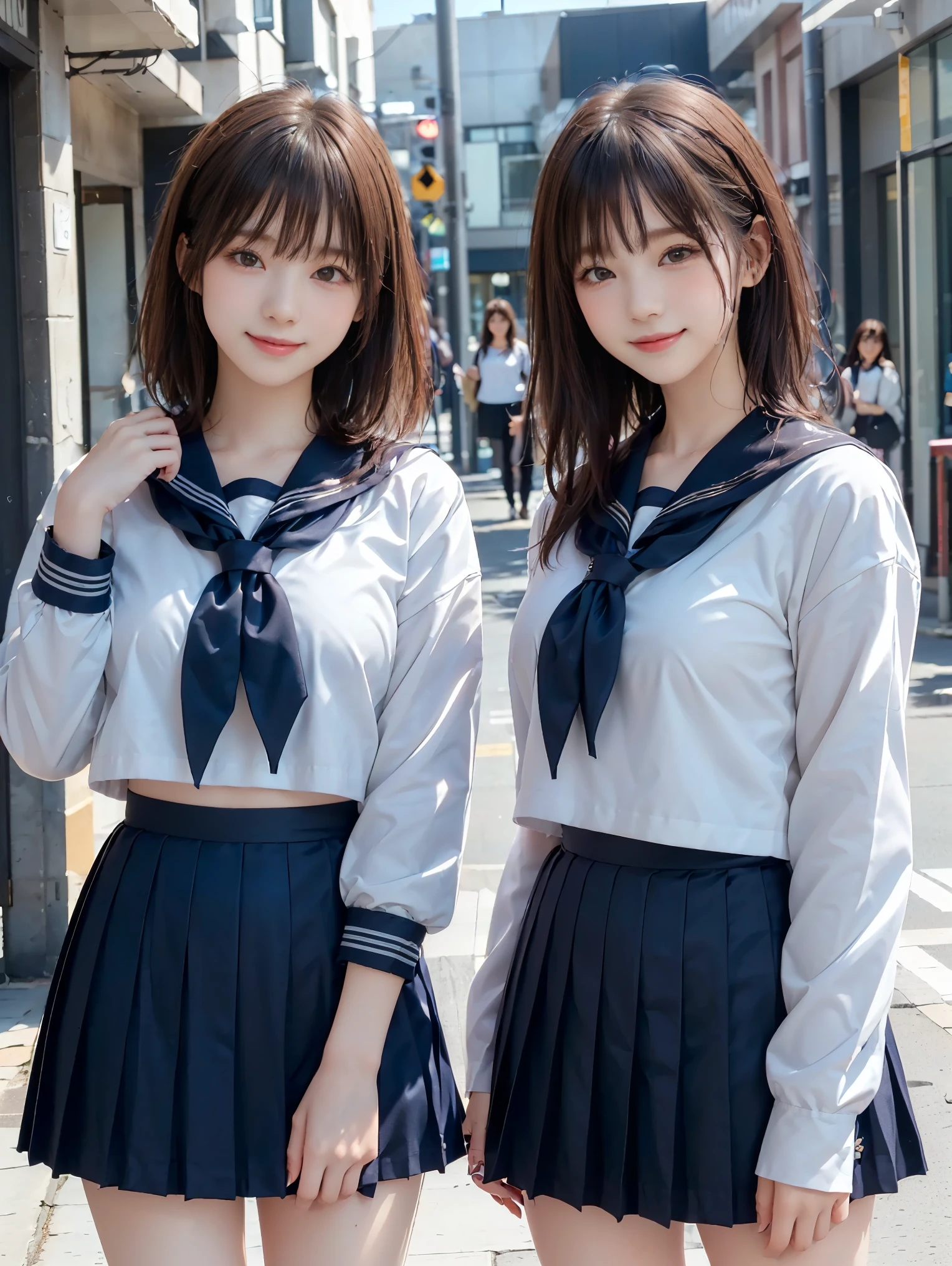 ((two girls:1.5, Two girls standing side by side)), ((sailor suit, long sleeve, navy mini skirt)), (((The girl on the left has large breasts, The girl on the right has very small breasts:1.5, The girl on the left has short hair, The girl on the right has long hair, The girl on the left has a cool expression, the girl on the right has a cute expression:1.2))), ((pale skin:1.3)), (smile, baby face:1.3), natural lighting, in Stylish street, crossroad, (best quality), realistic, (live-action, complicated details), Natural Skin Texture