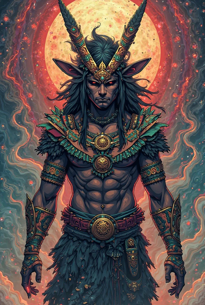 mayan explosive, supernatural painting of a shape-shifting deity, adorned with chaotic and omnipresent Mayan motifs, piercing eyes, a breathtaking amalgam of art and captivating photo collage, Mesmerizing poster design:: woody tone:: full body:: warrior man:: its appearance exuded the enigmatic allure of ancient Mayan minimalism fused with cosmic chaos:: --ar 9:16 --s 963 --c 9 --q 2 --v 5
