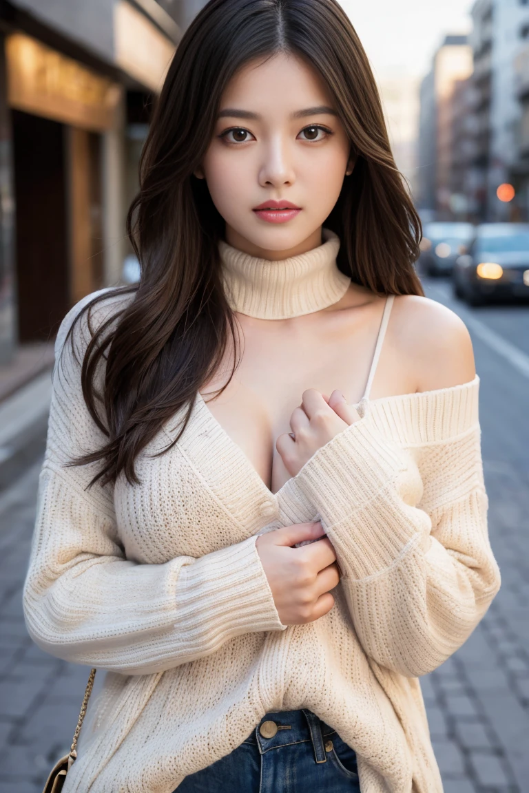 Flying debris、Highest quality、shape、 Very detailed、The finer details、 High resolution、8K デンデ wallpaper、完璧なダイナミックな構shape、24 year old beautiful girl、clear、Beautiful face in every detail、Beautiful eyes in every detail、Rough skin、A faint smile、Small breasts、Knitted dress、Neon Light、whole body