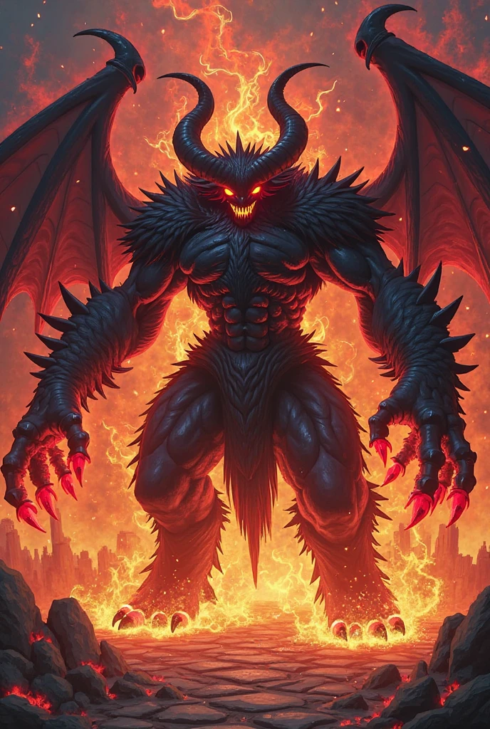 Minotaur, Demon, black skin, flames, white scull in place of head, flames in eyes, chains on body, sharp white horns, big black penis, big black balls, hooves, hell, lava, demon wings
