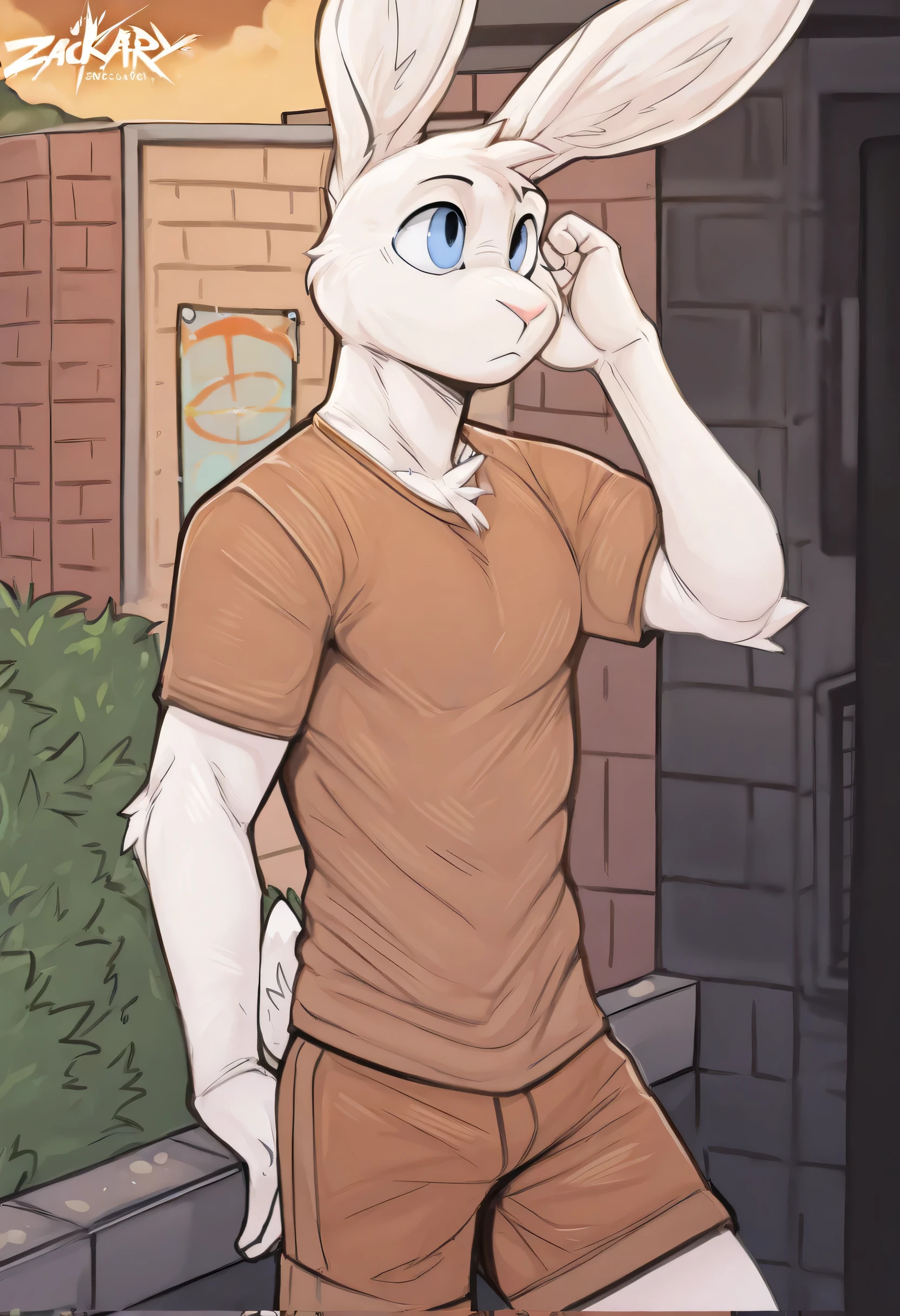 ((soft shading, 4k, hi res, detailed face, detailed, Best quality, masterpiece, perfect line art, perfect body, detailed anatomy, score_9_up, score_8_up, score_7_up, perfect shading)), by Zackary911, solo, 1male, femboy body, sky_(i_think_i_like_you), skinny chub body, rabbit, white fur, shirt, tail, blue eyes, brown t-shirt, shorts shorts, in the sidewalk