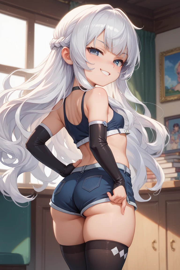 (((tmasterpiece, Best quality at best, A high resolution))),((1 girl, Alone, Solo girl, 1 number, Solo chart)) Beautiful Noelle_Silva, long whitr hair, (shairband, purple hairband), (White hair, silber hair), dual horsetail, Pig's tail, By bangs, silber hair, a purple eye, ((denim short, shorter pants, black t-shirts, shortsleeves, Crop top)), ((Butt off, Butt off, ass shot, ass shot)), ass focus, Seductive thighs, ((posterior view)), (Permanent), Indoor rest, (sobu), blur backgroun, ((cow boy shot)), dynamicposes, Seductive face, (Perfect Finger, Perfect legs, perfect anatomia), 4K