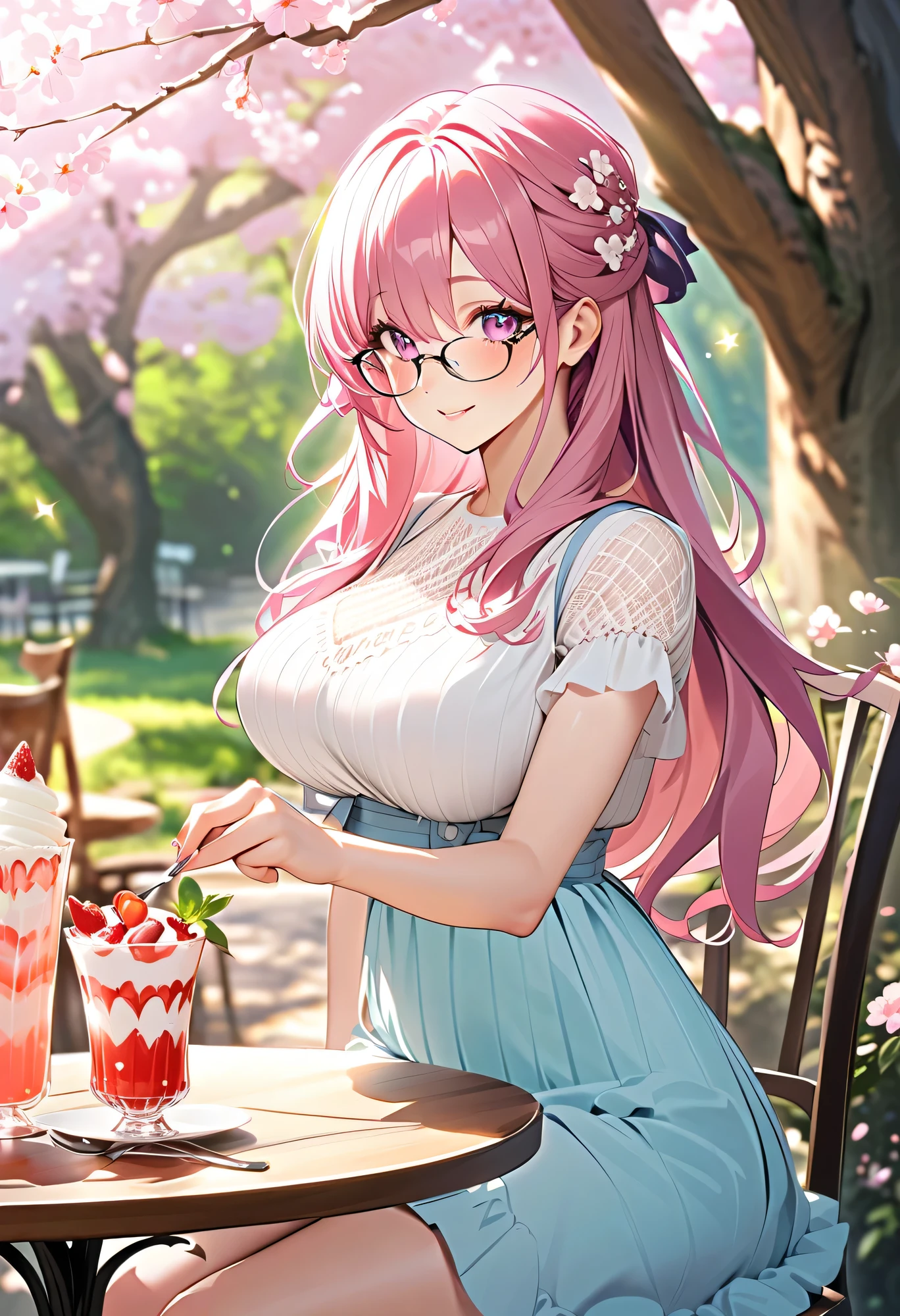 best quality、high resolution、(high image quality:1.3)、masterpiece、detailed background、very detailed face、detailed eyes、age beauty、huge breasts、(Normal number of fingers:1.3)、anatomically correct、perfect body line、A gentle spring atmosphere、happy smile holding cherry blossoms、 cafe terrace seat、glasses、
An afternoon bathed in the soft spring sunlight、A pleasant breeze gently sways her hair、The sunlight filtering through the trees on the terrace gently illuminates her cheeks、 cafe table shows her personality 、Spring-only cherry blossom sweets and a fresh strawberry parfait、She gently picks up a spoon、A sweet and sour taste spreads in your mouth with just one bite、Her eyes staring at you sparkle like the spring sunshine、Her happy smile gives off a soft, happy air、A white or pastel-colored blouse with lace and frills、A spring-like knit top、A mid-length skirt that spreads softly、 GIRLY DRESS 、Simple accessories in pearls and gold、Semi-long hair loosely curled、Her hair is loosely tied up in a half-up style、cute