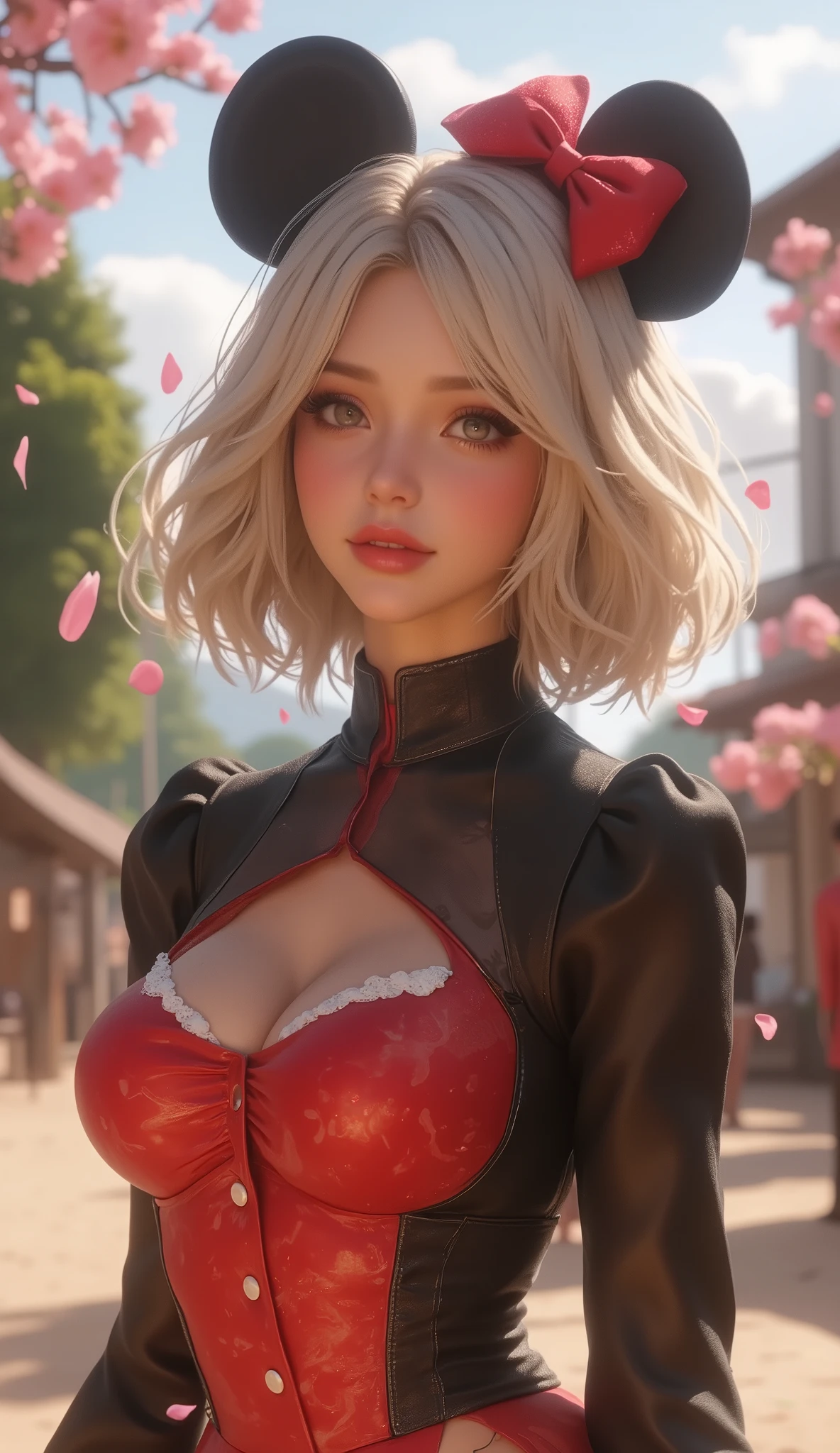(Top Quality, masterpiece, award winning work, 16k), 、((a spring break, YorHa No.2 type B on spring break, a trip to Disney resort, walking through Disney resort: 1.2))、white bronde short hair, ( delicate facial expression、Delicate hair expression、Delicate Eye Expression:1.5), (smiles:1.2), (raised and crisp bust:1.2), (lifts the chest:1.2), (Perky breasts :1.2), , ( double breasted,Underbust:1.2), button gap with, Minnie mouse costume, selfie, walks under trees、spring sun shine, Clothes from strong winds blow up、 petals are blown away by strong winds