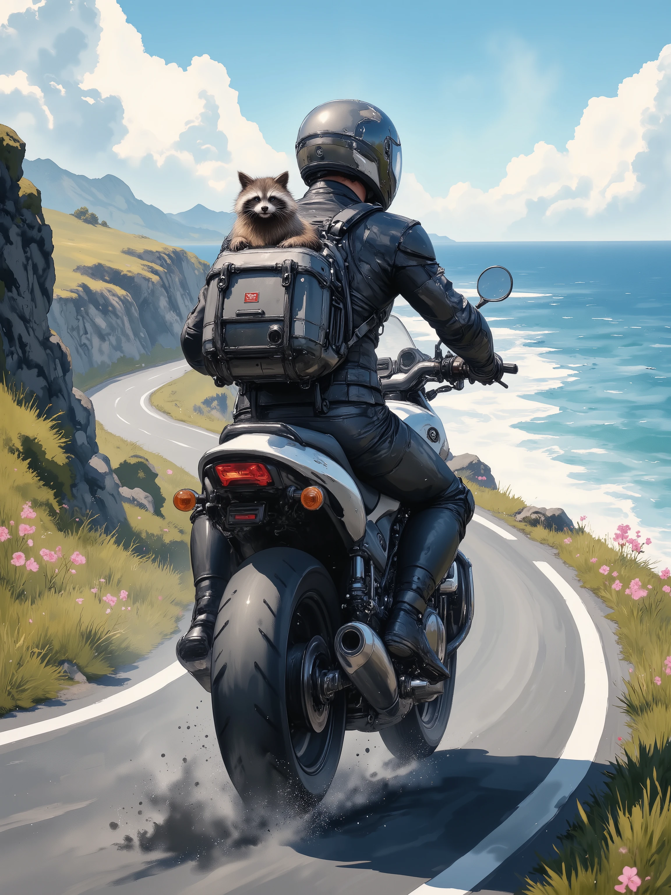 Mers Rider Definition Motorcycle rider with dog on back riding down a winding road - SeaArt AI