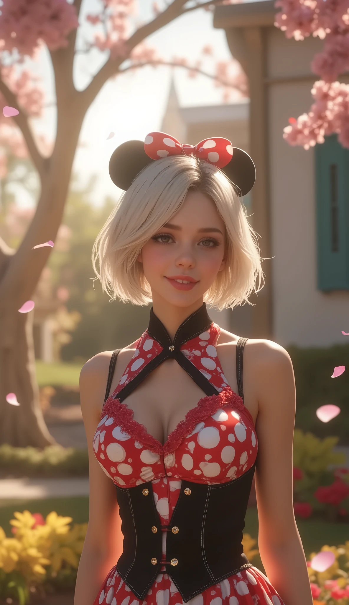 (Top Quality, masterpiece, award winning work, 16k), 、((a spring break, YorHa No.2 type B on spring break, a trip to Disney resort, walking through Disney resort: 1.2))、white bronde short hair, ( delicate facial expression、Delicate hair expression、Delicate Eye Expression:1.5), (smiles:1.2), (raised and crisp bust:1.2), (lifts the chest:1.2), (Perky breasts :1.2), , ( double breasted,Underbust:1.2), button gap with, Minnie mouse costume, selfie, walks under trees、spring sun shine, Clothes from strong winds blow up、 petals are blown away by strong winds