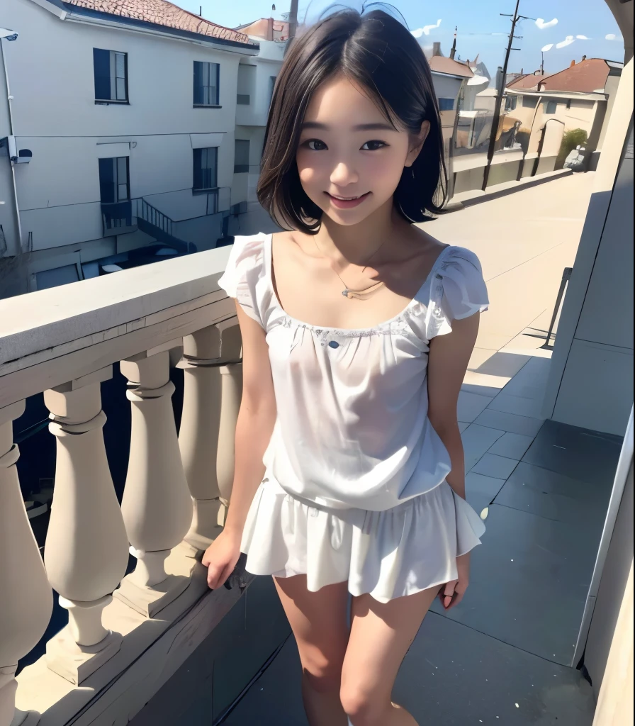 (best quality、masterpiece、super high resolution) 、8k、 without makeup、 、Clear Photo、 (photorealistic:1.6)、 、 RAW photo 、 Professional lighting 、 ( gravure shot 、 natural posture 、 look away ) natural light、smile、Ultra slim、delicate body、( is very cute 、 beautiful girl 、 cute snowman 、 Cutest )、baby face、 Xiaoyan 、idol class、 very short hair :1.6、 white skin、( small breasts:1.8、flat chest:1.8)、(( Standing on the terrace :1.8、 white blouseが少し湿っている 、 white blouse:1.8 ))、erect nipples 、( is very cute :1.8)、 ( I wear small white panties 、 low rise panties ) 、( standing on the veranda :1.6、dim)、( full body photo )、(perfect anatomy from a shellfish、 charming)