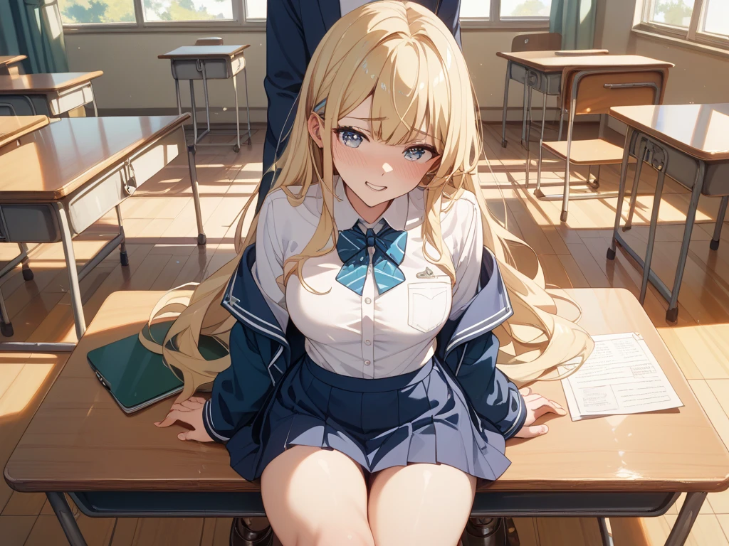 Anime style image of a girl in a very tight schoolgirl uniform in a classroom sitting on a chair with her eyes closed