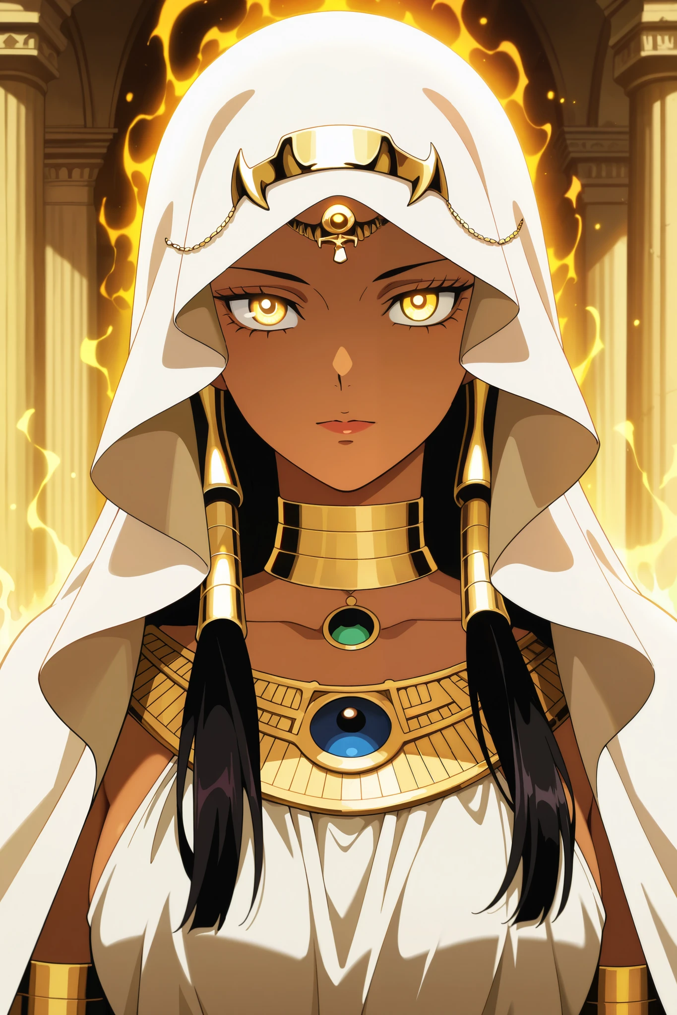 very aesthetic, highres, newest, anime screencap, anime coloring, 2d, 1girl, ishizu ishtar, detailed portrait of ishizu ishtar, intricate facial features, serene expression, elegant posture, flowing hair, ancient egyptian attire, lush ornamental backdrop, ornate architecture, glowing magical aura, dramatic lighting, vibrant anime colors, digital painting, masterpiece, 8k, ultra-detailed, photorealistic, cinematic, warm color palette, glowing highlights