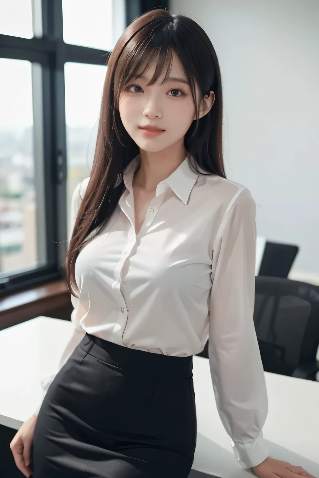 Gorgeus Girl, Beautiful, Baby Face, 20 Years Old, White Skin, Beside, Sexy Pose, business suits andd shirt, Blue Eye, Muscles, Bokeh, Modern Place Background, Masterpiece, Fullbody Shot