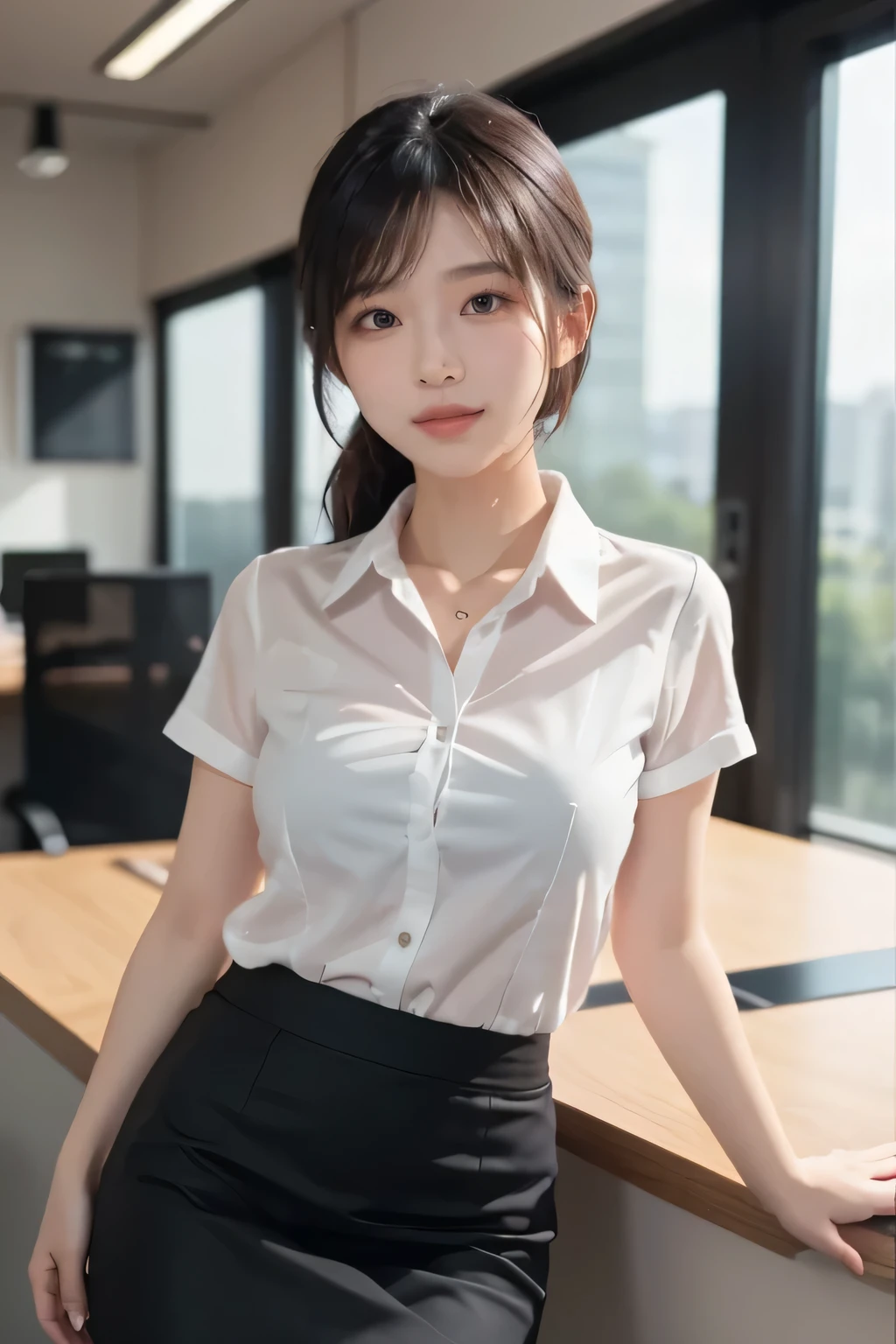 (2young girl), gentle face, (round eyes:1.2), (highly detailed face), smile, Amazing face and eyes, (flat chest), (Best Quality:1.4), (Ultra-detailed), (extremely detailed CG unified 8k wallpaper), Highly detailed, High-definition raw color photos, Professional Photography, Realistic portrait, Amazing face and eyes, Pink eyes, indoors, office, (office lady, Tight Skirt:1.3), (A moment of relaxation), model, depth of fields, (fine face:1.2),