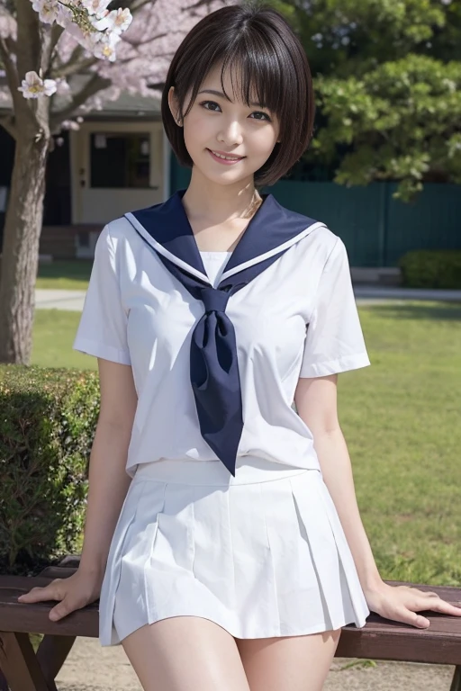(​masterpiece、16k image、high-level image quality、top-quality)、独奏、1girl in、(Japan Girls' High School Sailor Uniform,flawless)、(perfect anatomia,Beautiful limbs、Healthy body、Beautiful skin)、Sunnyday、A dark-haired、short-haired、Black eye、Way back、Colossal tits:1.5、School route、artistic.、Beautuful Women、Beauty Body、ssmile、