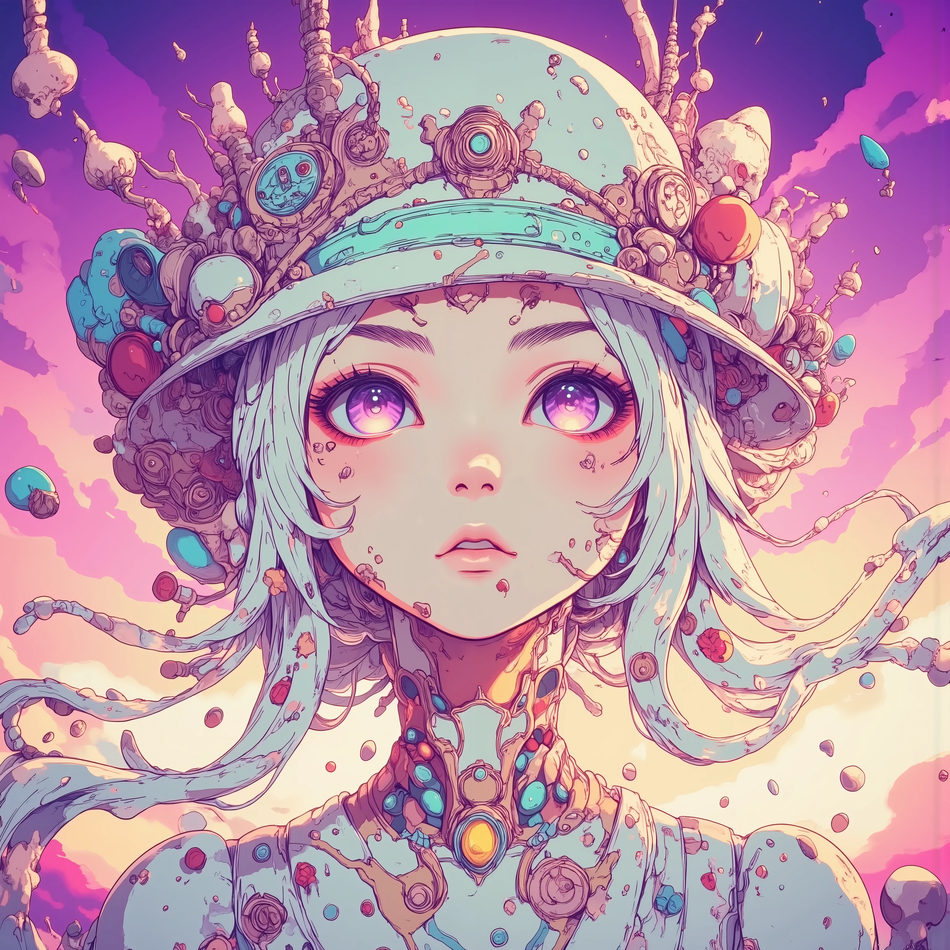 close up，avatar，unreal color gradient in the sky purple and pink，magic，Flowers，candy， girl（silver-white curls， long hair，wears a mint green gentleman hat