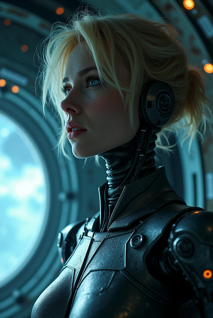 Blonde woman in leather jacket holding a large tire in a garage, Movie still of a cyborg., Movie still of a cyborg genial., science fiction attractive face, cyborg movie frame, Movie still of a cyborg alienígena., movie still of a cyborg villain, beautiful white cyborg girl, perfect cyborg woman, crystal cyborg, science fiction woman, cyborg femenino, Cyborg - girl