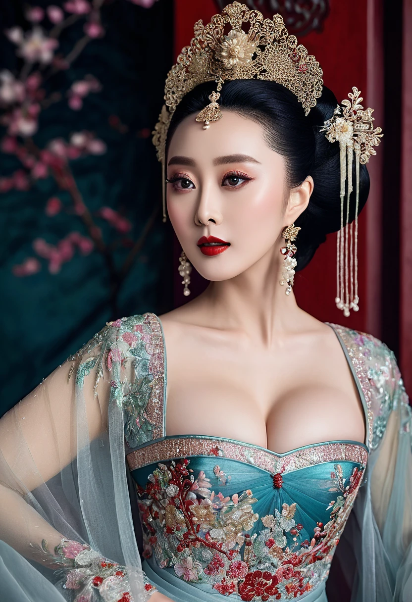 22 year old fashion model (cleavage closeup),perfect eyes, perfect iris, perfect lips, perfect teeth, perfect skin, with white skin, soft headlights, hdr, movie girl, long black hair, wearing a pink dress, evening day, deep in the night, The background is a river, Lotus shaped lights float on the water, 4K Ultra HD, ultra high resolution, (Photorealistic: 1.4), Best quality, Masterpiece, Ultra Dilution,(NSFW:1.1),(Full Body:1.5),(cute face:1.3),(huge breasts:1.3),(high-heels:1.3),(big hips1.3),(medium thighs:1.3),(breasts slightly exposed:1.3),(cleavage of the breast:1.3),(lipgloss:1.3),(Playful eyes:1.3),(Scarlet lips:1.3),(Fine skin texture:1.3),(Precise and perfect human anatomy:1.3),(Exquisite and perfect facial features:1.3), (Long eyelashes:1.3),(Scarlet lips:1.3),(The lips are shiny and textured:1.3),(Fine skin texture:1.3),(Beautiful detailed eyes:1.3),(Natural Color Lip:1.3),(look straight into the camera:1.3),(long earrings:1.4),(long earrings:1.4),(very long earrings:1.4),