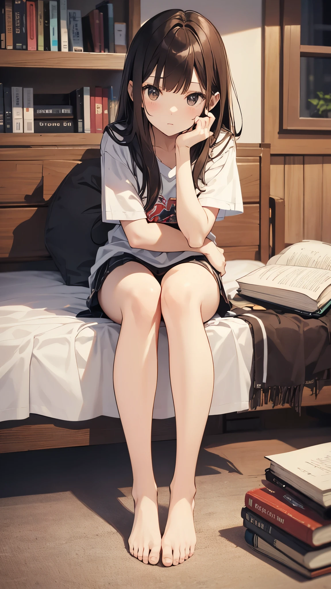 master piece、Highest image quality、highest quality、 ((panic))、glossy hair quality、small face、sitting、Super detailed and beautiful bright eyes、Super detailed clear and beautiful face、(cute illustration:1.2), High-resolution, ultra-detailed, best quality, embarrassed、(cute underwear)、(Gaps in shorts)