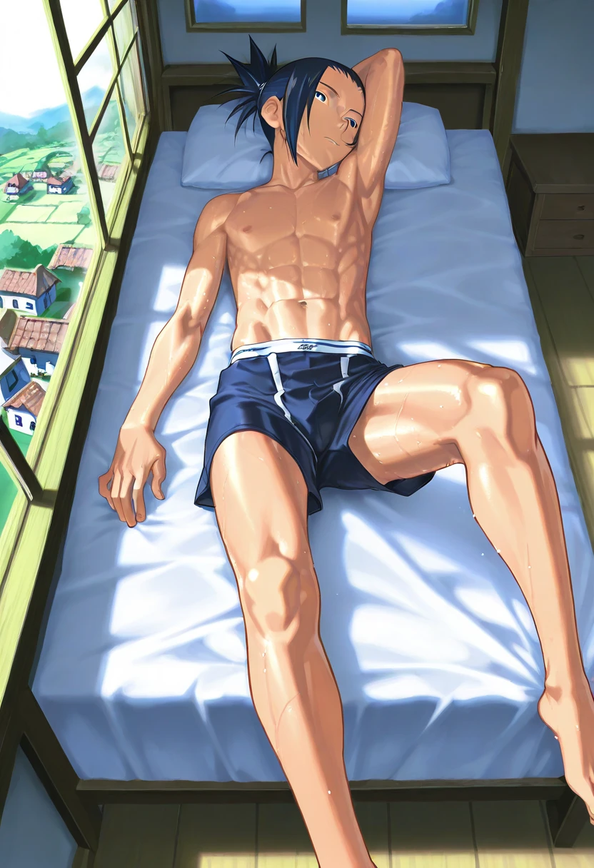 male focus, full body, muscular male, best quality, amazing quality, amazing aesthetic, absurdres, rating explicit, official style, year 2023, game cg, Priapus, bedroom, smiling, navel, nipples, lying, on back, wearing a green underwear, eyes open