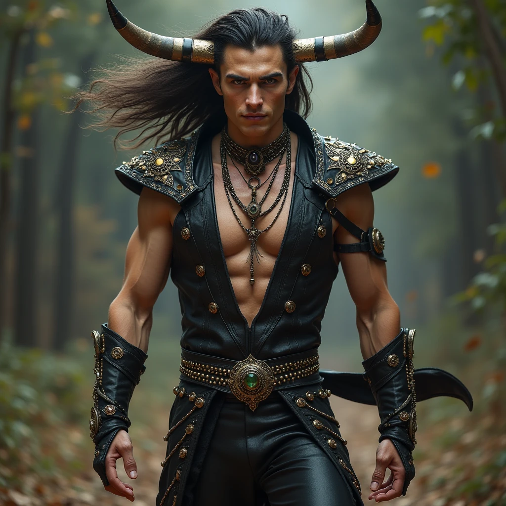 Masterpiece, HDR, UHD, Solo,male, Satyr, Faun, horns, (hooves:1.3), big muscle, fur pelt, flowers, goat <lora:Satyr:0.5> dark forest, deep wood <lora:lowra_v10:0.5> <lora:FilmgirlLora_v30:0.2>