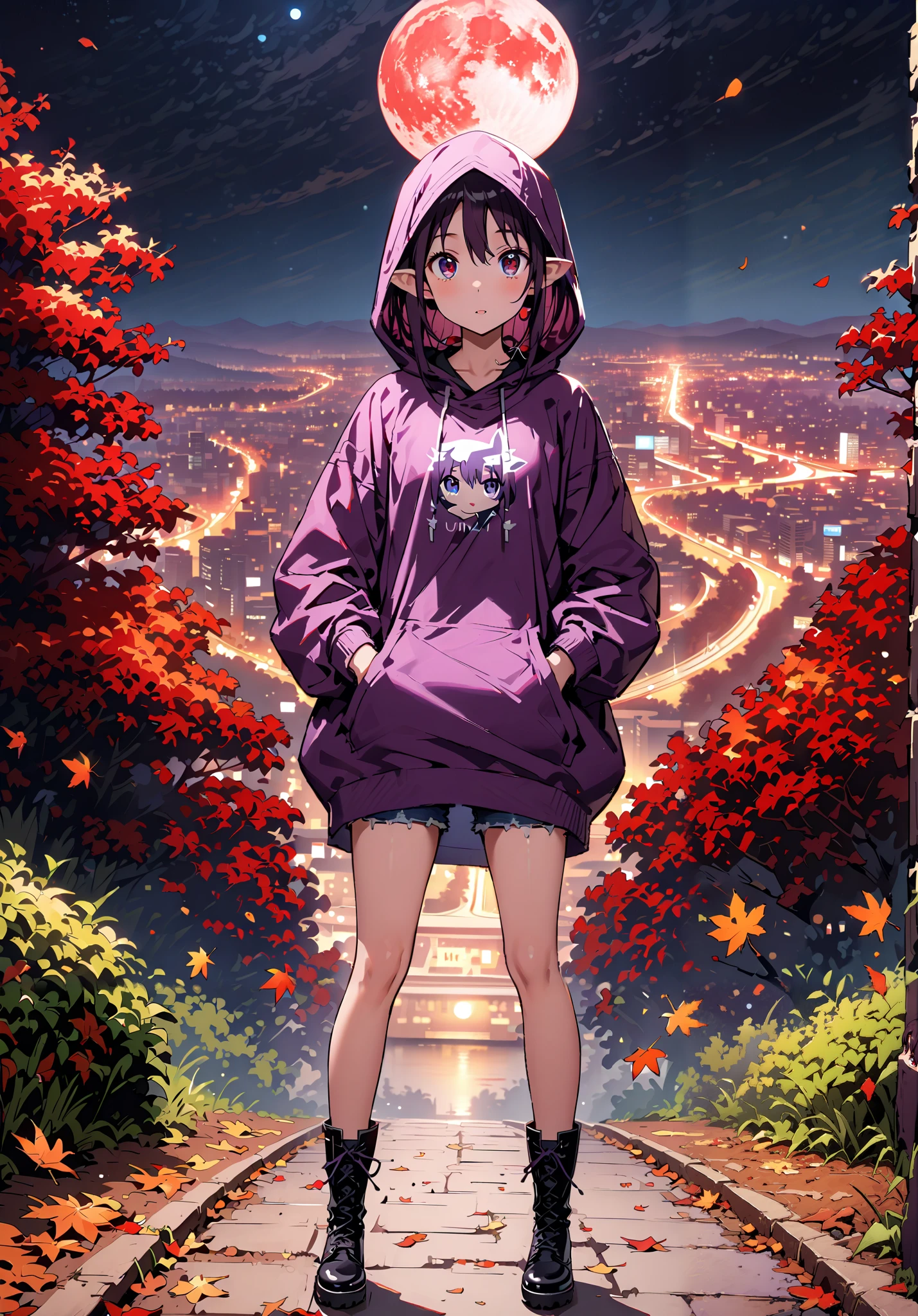  yuukiKonno, Konno Yuuki, pointed ears, purple hair, red eyes,long hair,Purple oversized hoodie ,Denim Micro Shorts,Bare legs,boots, hood up ,autumn,autumn leaves,night, full moon,is standing,put one&#39;s hands in one&#39;s hoodie pockets,綺麗なnight景,Beautiful cityscape,full bodyがイラストに入るように,break outdoors, garden,
break looking at viewer,full body,
break (masterpiece:1.2),best quality , kampala,Unity 8k Wallpaper,(shape:0.8),(  fine, beautiful eyes  :1.6),It's a person ,full body写真,CG Details , (perfect hands,complete anatomy),