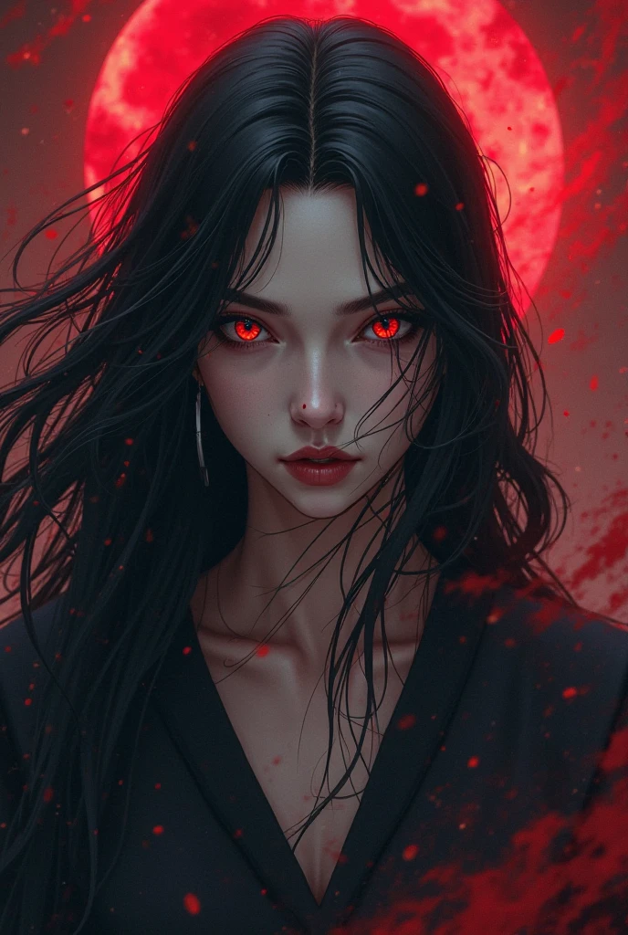 high quality, best quality, masterpiece, beautiful woman, detailed portrait, upper body close-up, long hair, floating hair, blood sky, red moon, red eyes, glowing eyes,(black background:1.3), blood,