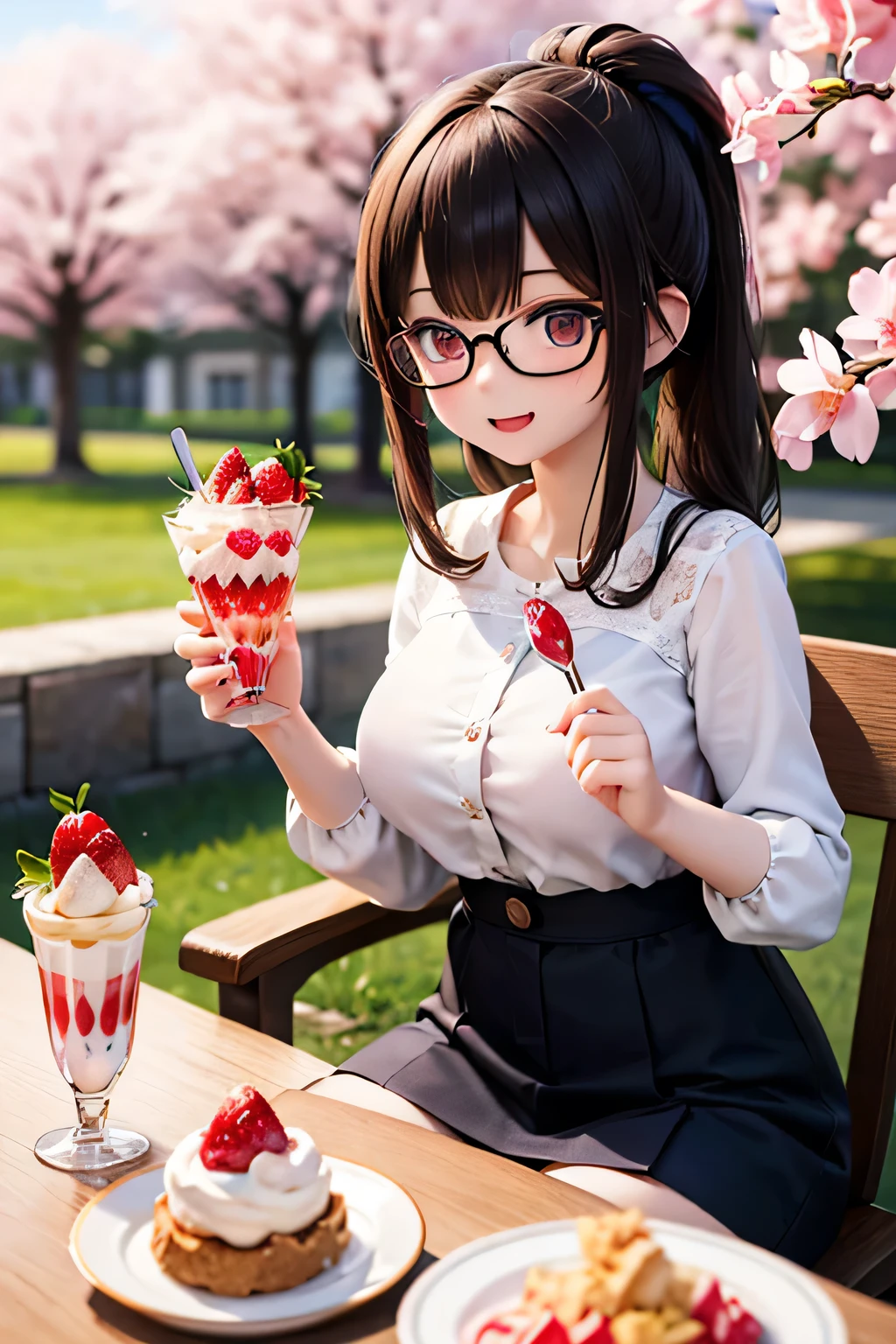 best quality、high resolution、(high image quality:1.4)、masterpiece、detailed background、(very detailed face:1.3)、(detailed eyes:1.3)、age beauty、(huge breasts:1.3)、(Normal number of fingers:1.4)、anatomically correct、perfect body line、A gentle spring atmosphere、happy smile holding cherry blossoms、 cafe terrace seat、glasses、
(A girl enjoying a strawberry parfait with a happy expression:1.5)、(Two girls eating a delicious parfait:1.5)、
An afternoon bathed in the soft spring sunlight、A pleasant breeze gently sways her hair、The sunlight filtering through the trees on the terrace gently illuminates her cheeks、 cafe table shows her personality 、Spring-only cherry blossom sweets and a fresh strawberry parfait、She gently picks up a spoon、A sweet and sour taste spreads in your mouth with just one bite、Her eyes staring at you sparkle like the spring sunshine、Her happy smile gives off a soft, happy air、A white or pastel-colored blouse with lace and frills、A spring-like knit top、A mid-length skirt that spreads softly、 GIRLY DRESS 、Simple accessories in pearls and gold、Semi-long hair loosely curled、Her hair is loosely tied up in a half-up style、cute