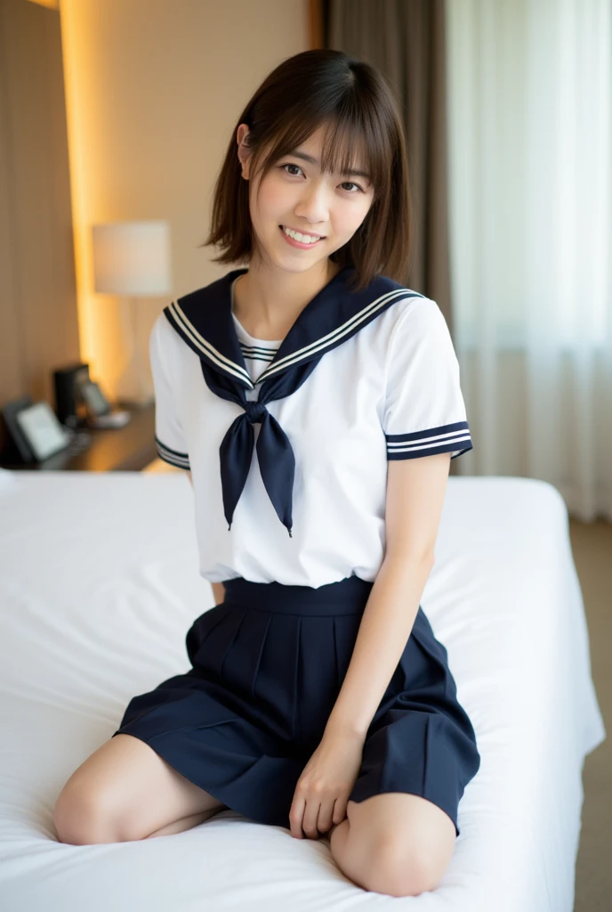 (Masterpiece, Best quality:1.4), (Ultra realistic, Photo-realistic:1.3), , (:1.1), ((Wearing Sailor suit, White short sleeve:1.3)), (Dark navy pleated skirt:1.2), (Wearing white sock), (small ), Natural light, 20 years old actor, Japanese woman, Neat and clean, (Short wavy hair:1.1), ponytail, (Beautiful face), Oval face, , clear, Beautiful eyes, Kind eyes, Clear skin, Small face, Beautiful mouth, Small mouth, Natural makeup, Seductive eyes, (Beautiful thighs: 1.2), Luxury hotel Suite room, (wet body:1.4), on bed,