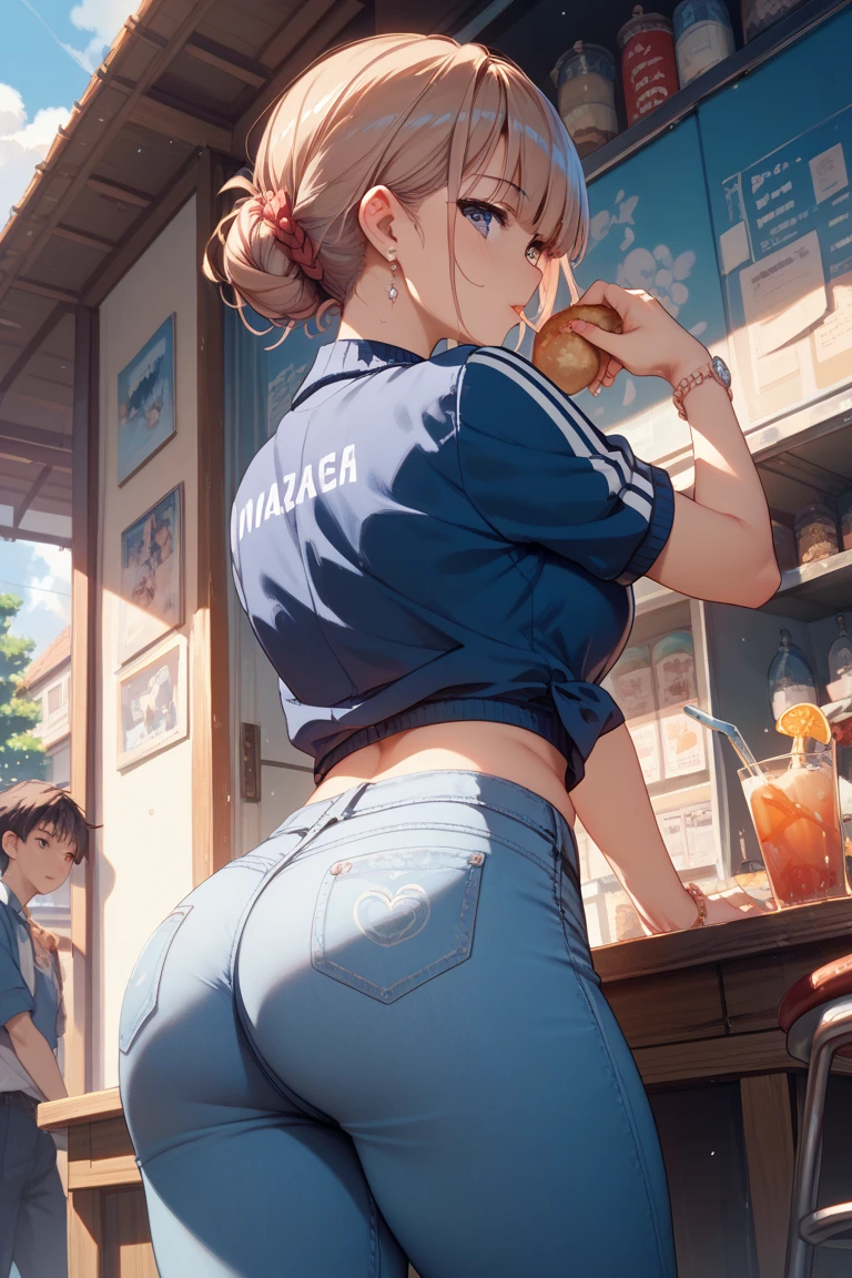 College boy, 21 years old man, handsome man, short black messy boy hair, orange eyes, black binder top, black mirco shorts, light smile, black shorts, muscular, ass, bent over, large thick ass, thick thighs looking back, looking at viewer, embarrassed, coffee shop, male character (1.0), flat chested, guy, man, male character, not a girl, masculine face