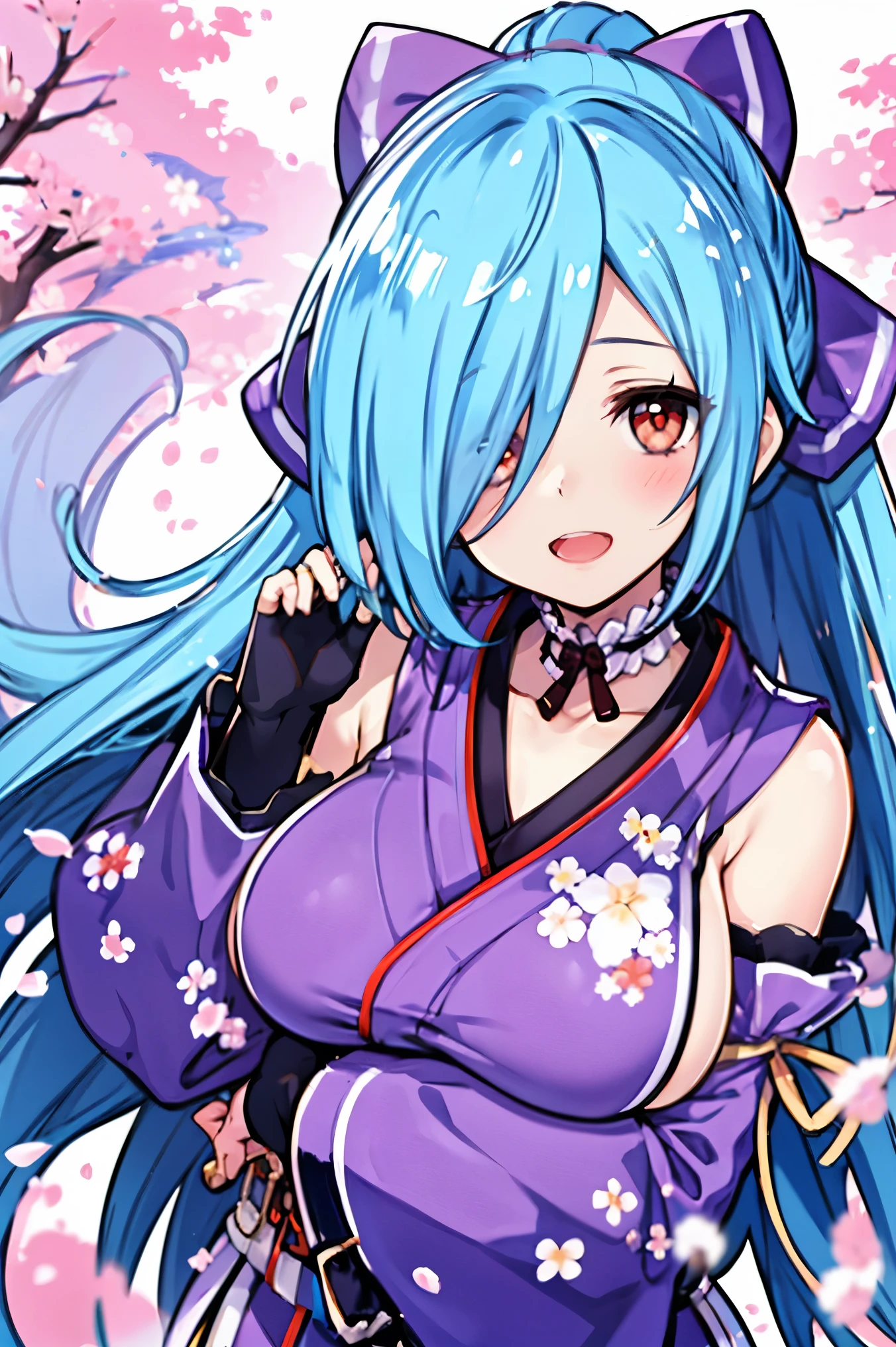 masterpiece, best quality, integrated scenery, integrated background, extremely delicate and beautiful, meticulous details, good composition, , cute face, perfect face, best quality, (1girl, solo),
yamato iori, ung_girl, virtual youtuber, solo, gloves, bow, hair bow, long hair, hair over one eye, thighhighs, blue hair, fingerless gloves, red_eyes, japanese clothes, detached sleeves, ponytail, looking at viewer, black gloves, very long hair, (heavy&soft_large_breasts:1.4), purple bow, kimono, smile, open mouth, transparent background, standing, sash, obi, purple kimono
blush,cherry blossoms,
( outdoors, forest, upper body, dynamic pose, looking at viewer, ),plump,raise_arms,long_sleeves_over_hands,